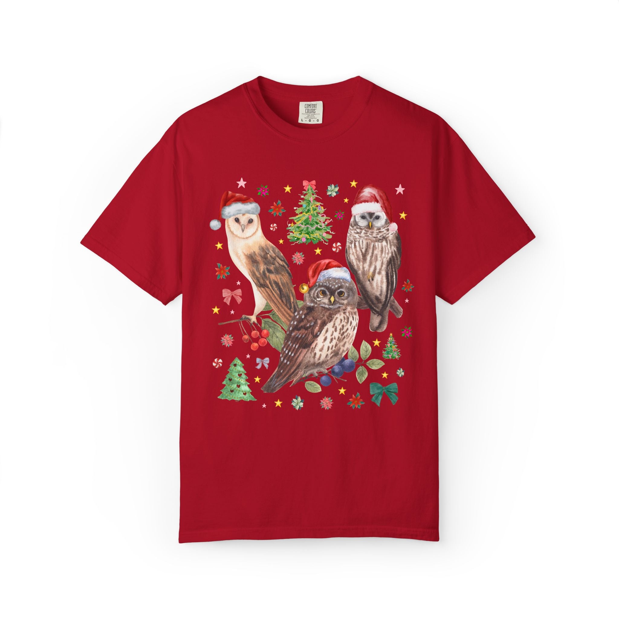 Christmas Owl Animal Lover Tee Shirt with Owls Wearing Santa Hats, Funny Nostalgic 90s Aesthetic Maximalist Tee, Bird Lover or Birdwatcher