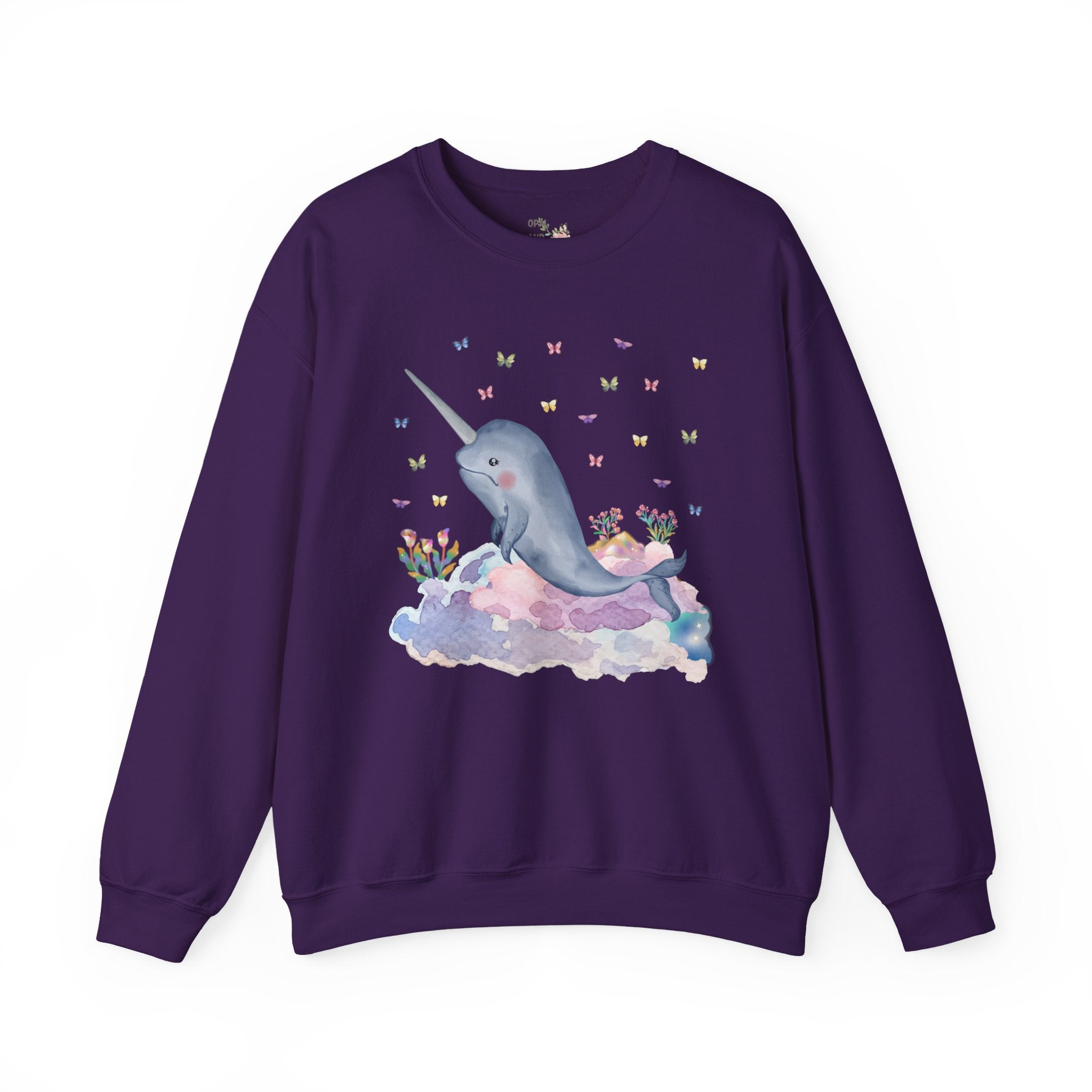 Pastel Narwhal Sweatshirt with Butterflies and Plants: Nineties Throwback Shirt | Creative Ocean Gift for Science Teacher or Biology Major