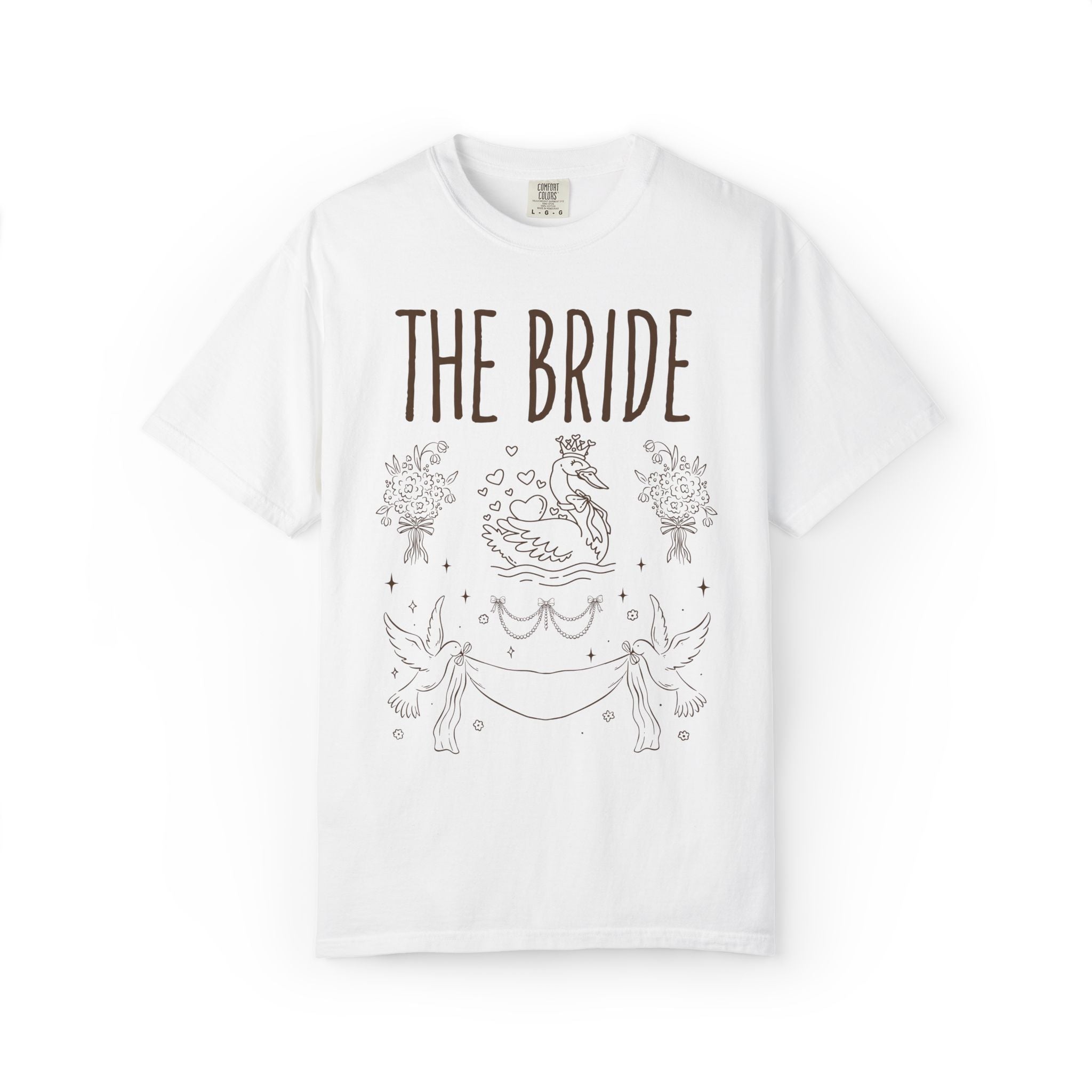 Doodle Bridesmaid and Bride Tee Shirt with Swan and Flowers: Cute and Silly Nostalgic Matching Tees for Wedding Weekend, Bachelorette Party