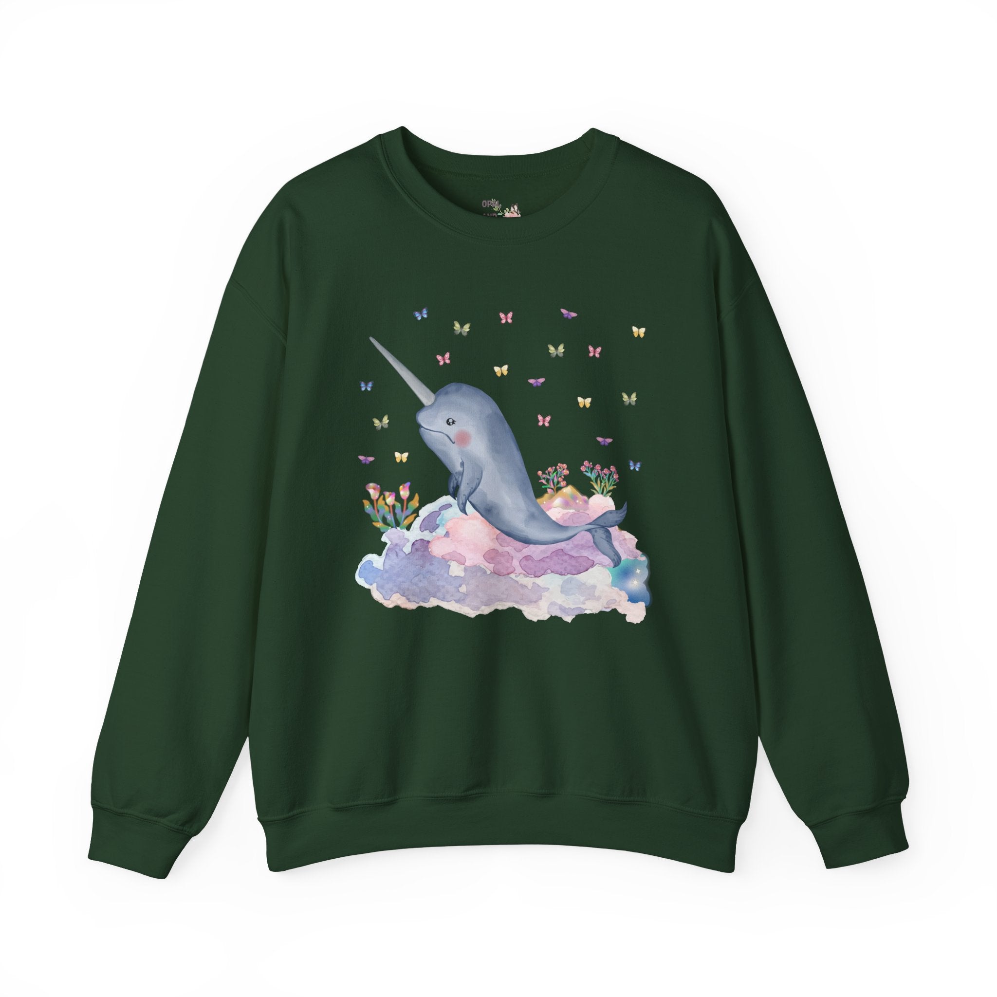 Pastel Narwhal Sweatshirt with Butterflies and Plants: Nineties Throwback Shirt | Creative Ocean Gift for Science Teacher or Biology Major