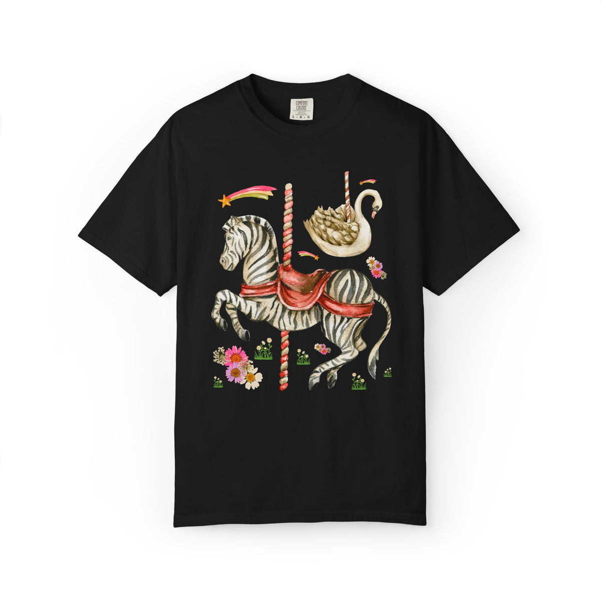 Zebra and Swan Nostalgic Carousal T-Shirt for Animal Lover with Shooting Stars and Flowers