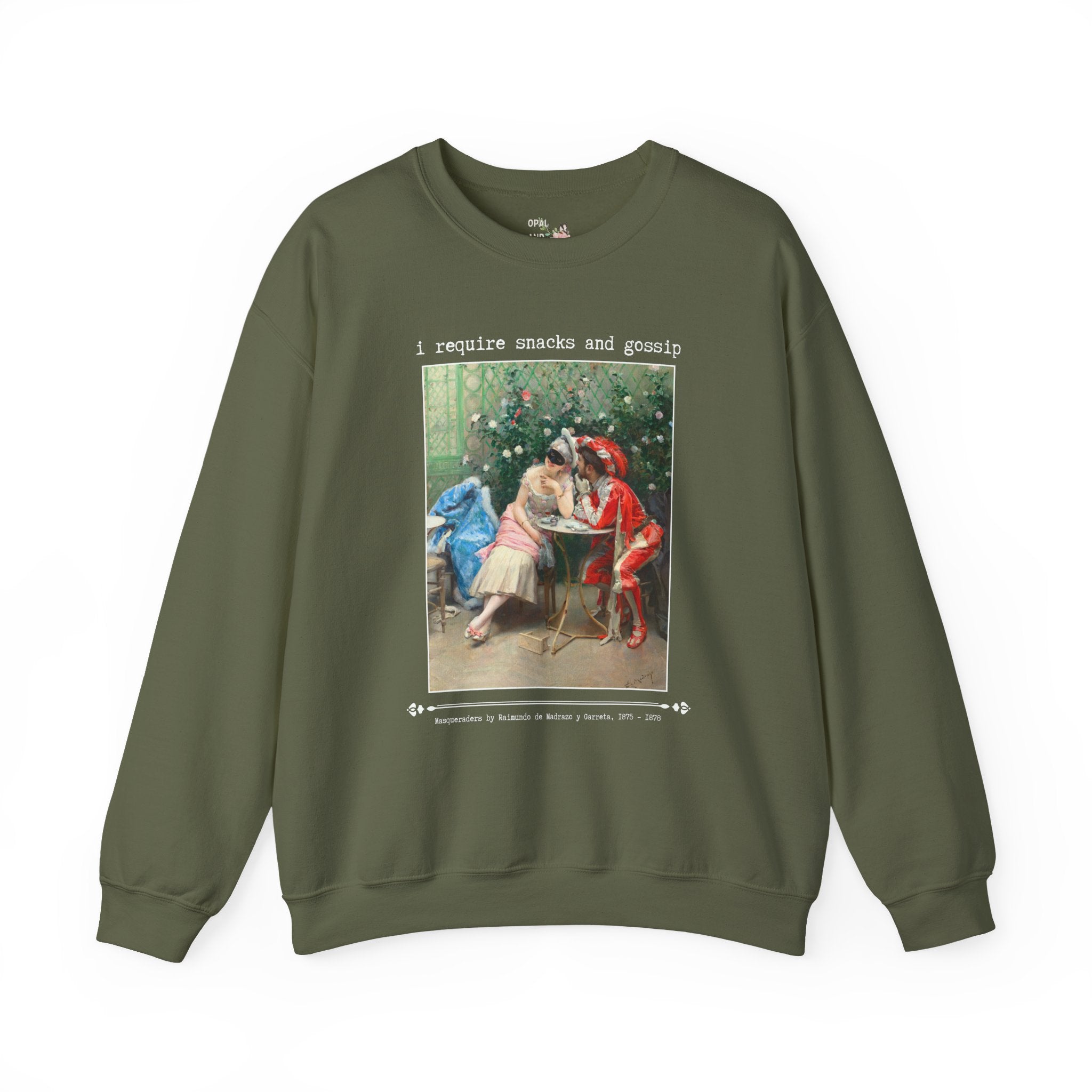Funny Art History Sweatshirt for Friend Who Loves Snacks and Rococo Art: I Require Snacks and Gossip, Silly Vintage Aesthetic Crewneck with Flowers