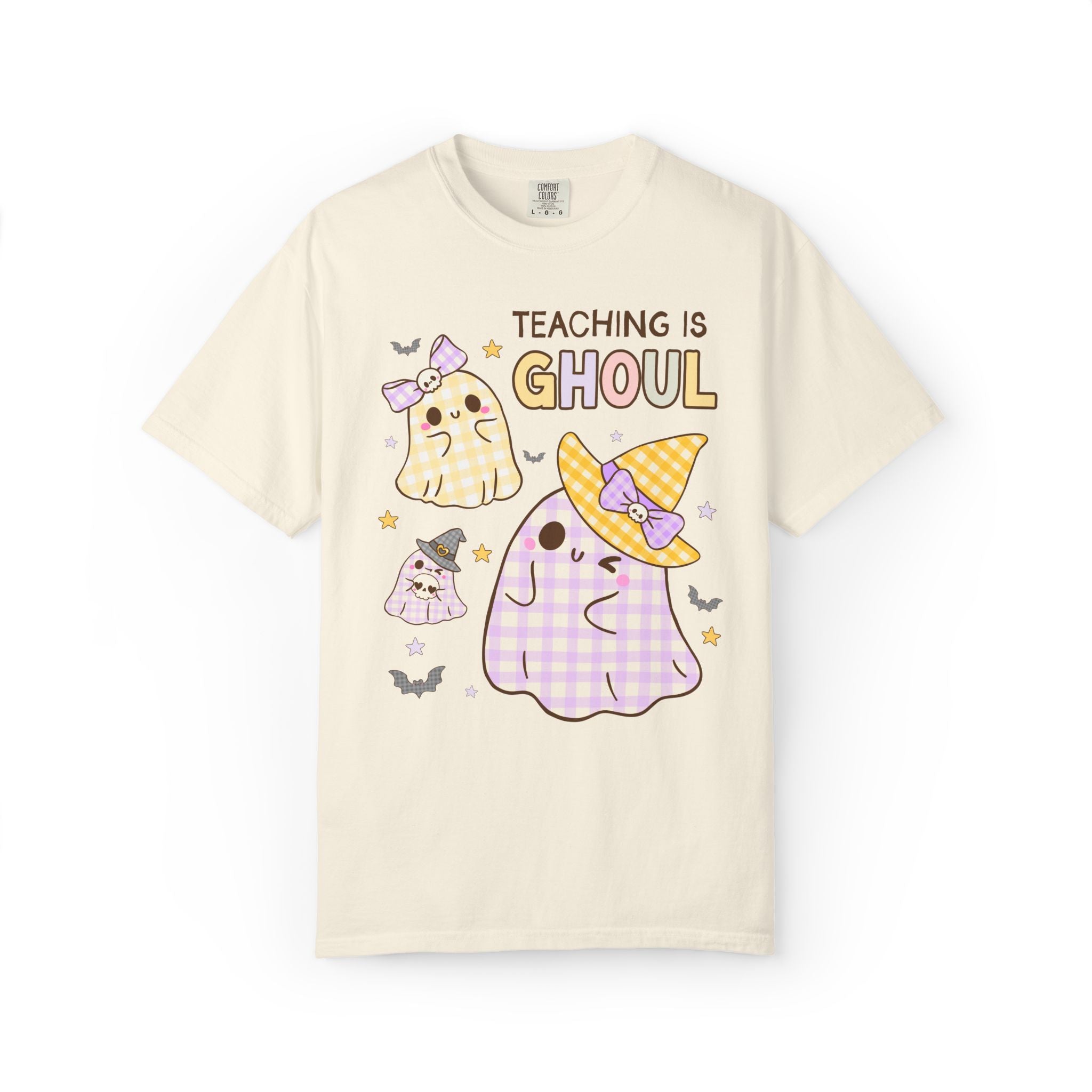 Pastel Halloween Teacher Team Tee Shirt with Cute Gingham Ghosts: Teaching is Ghoul, Spooky Season Matching Teacher T-Shirt for Fall
