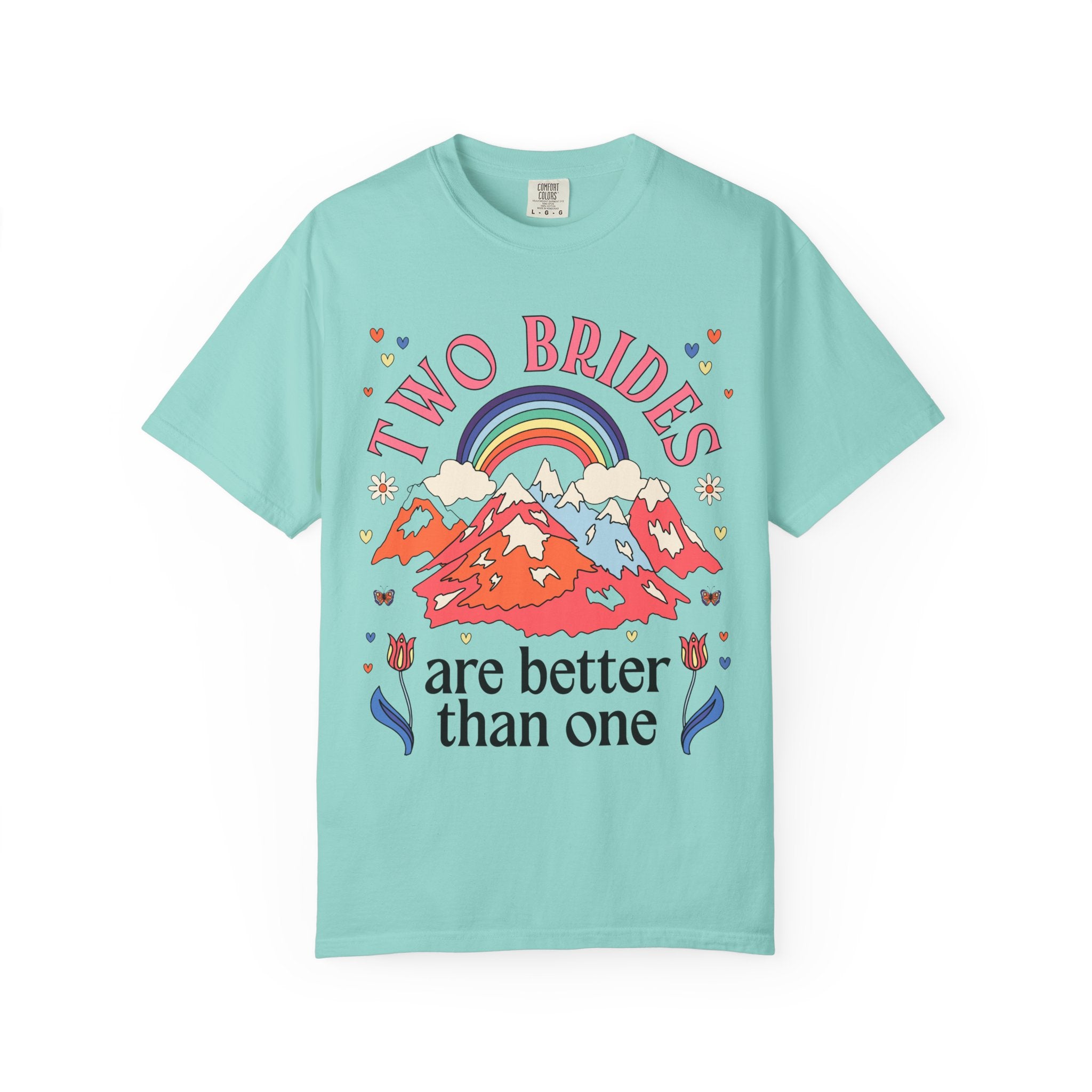 Lesbian Bachelorette Tee Shirt for LGBTQ Wedding Party: Two Brides are Better Than One Nostalgic 70s Aesthetic Rainbow Tee for Bridesmaids