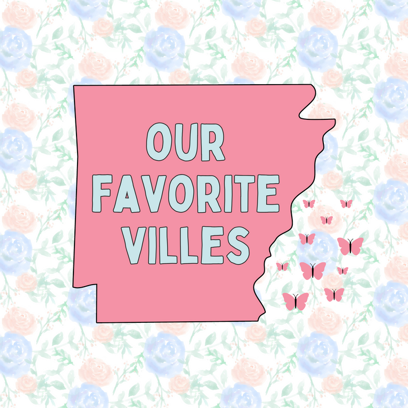 Pink banner with 'Our Favorite Villes' text on a floral background