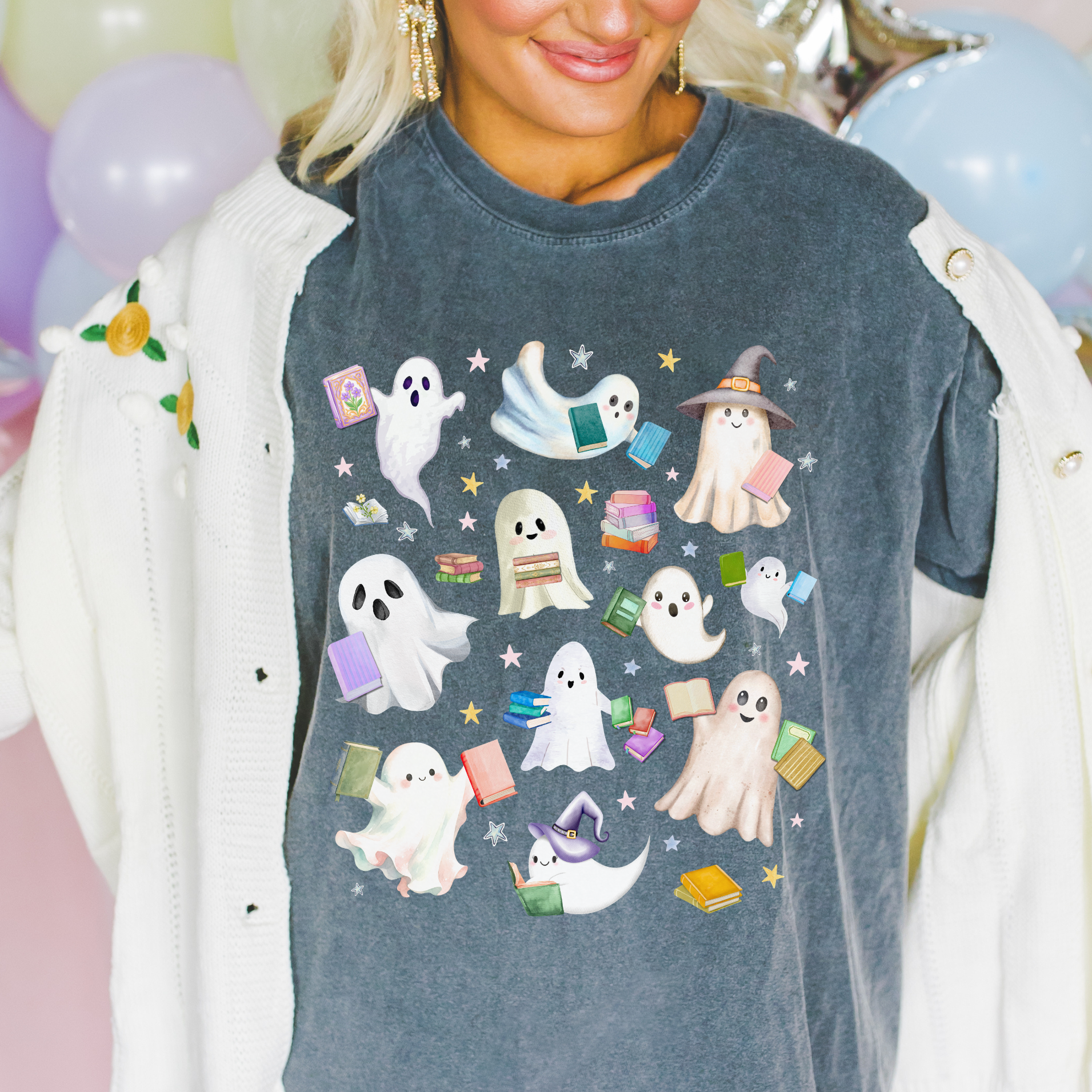 Bookish Ghost Lover Tee Shirt with Ghosts Holding Books