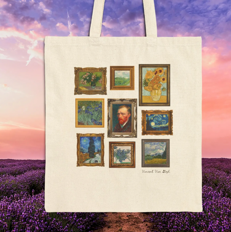 Tote bag with Van Gogh artwork design against a lavender field and sky background