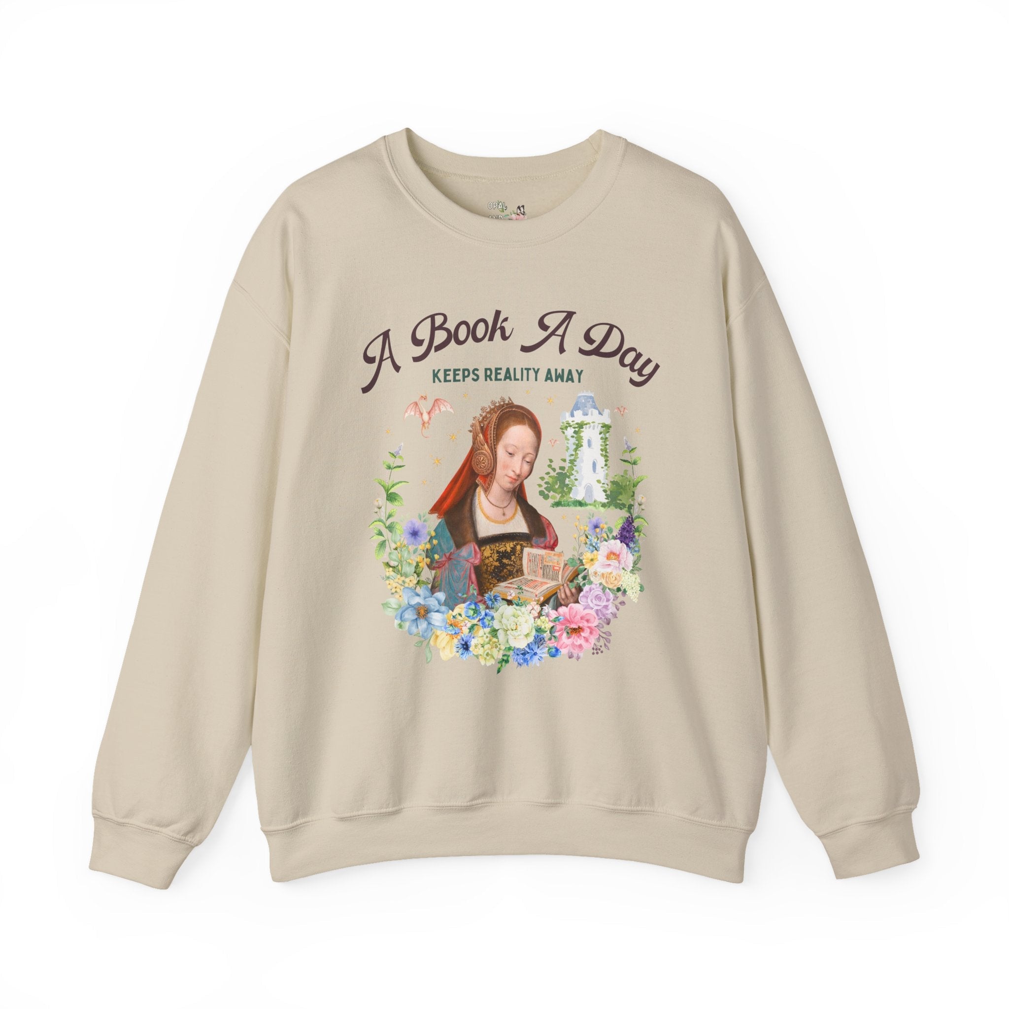 A Book A Day Keeps Reality Away: Bookish Art History Sweatshirt, The Master of Frankfurt Dragon Lover Fantasy Romance Reader Crewneck with Flowers - Opal and June