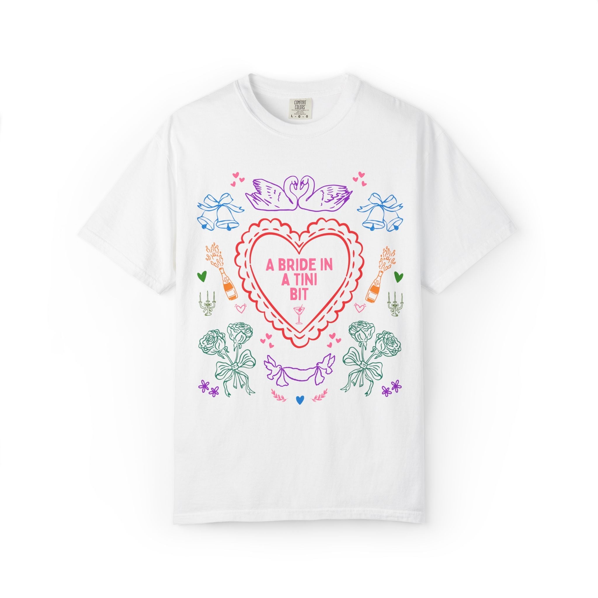 A Bride in a Tini Bit Colorful Maximalist Doodle T-Shirt for Bachelorette Party, Kitschy Wedding T-Shirt with Hearts, Drinking Bridal Party - Opal and June