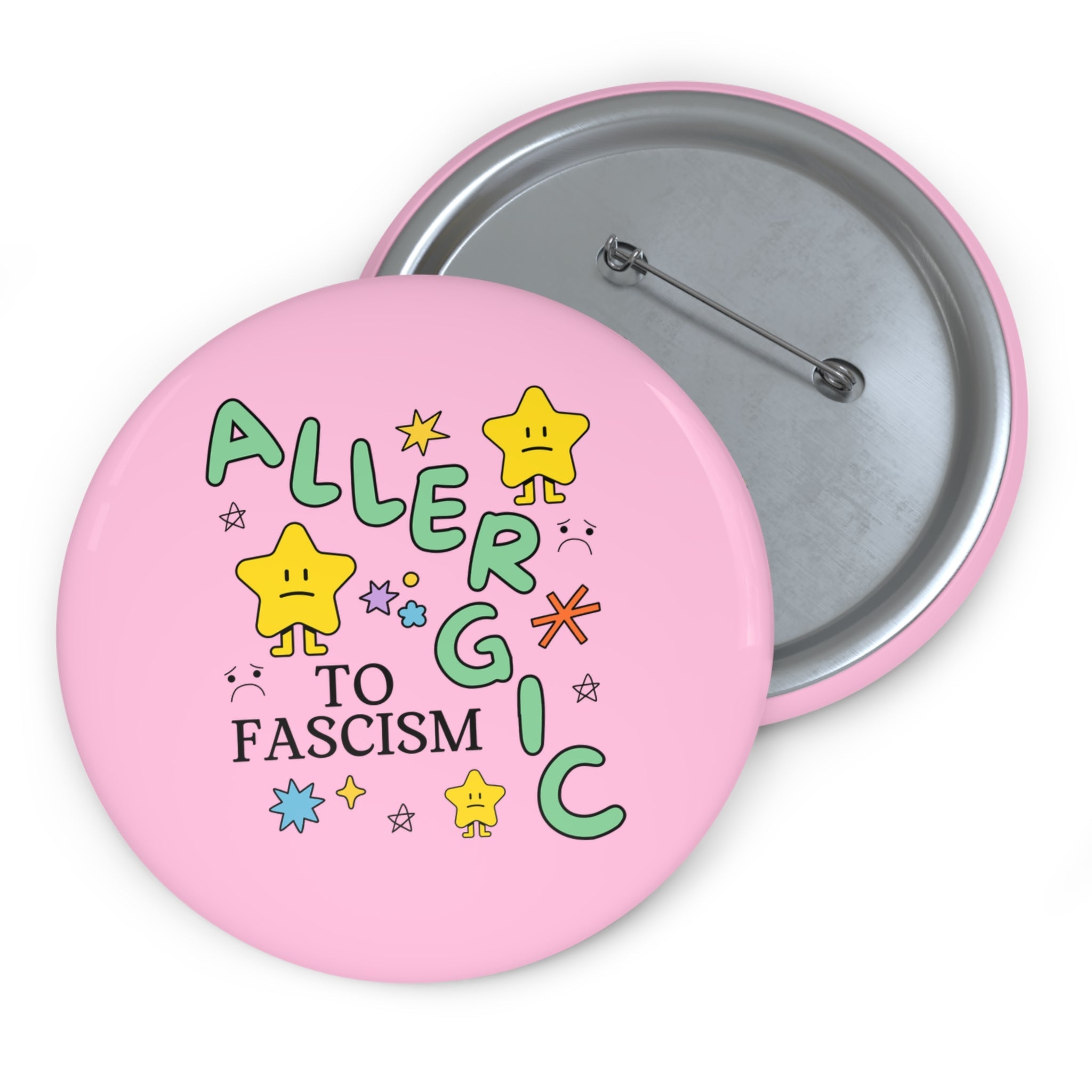 Allergic to Fascism Pinback Button, Cute Democratic Socialist or Leftist Button with Cute 90s Doodles, Funny Saying Political Left Gift with Stars - Opal and June