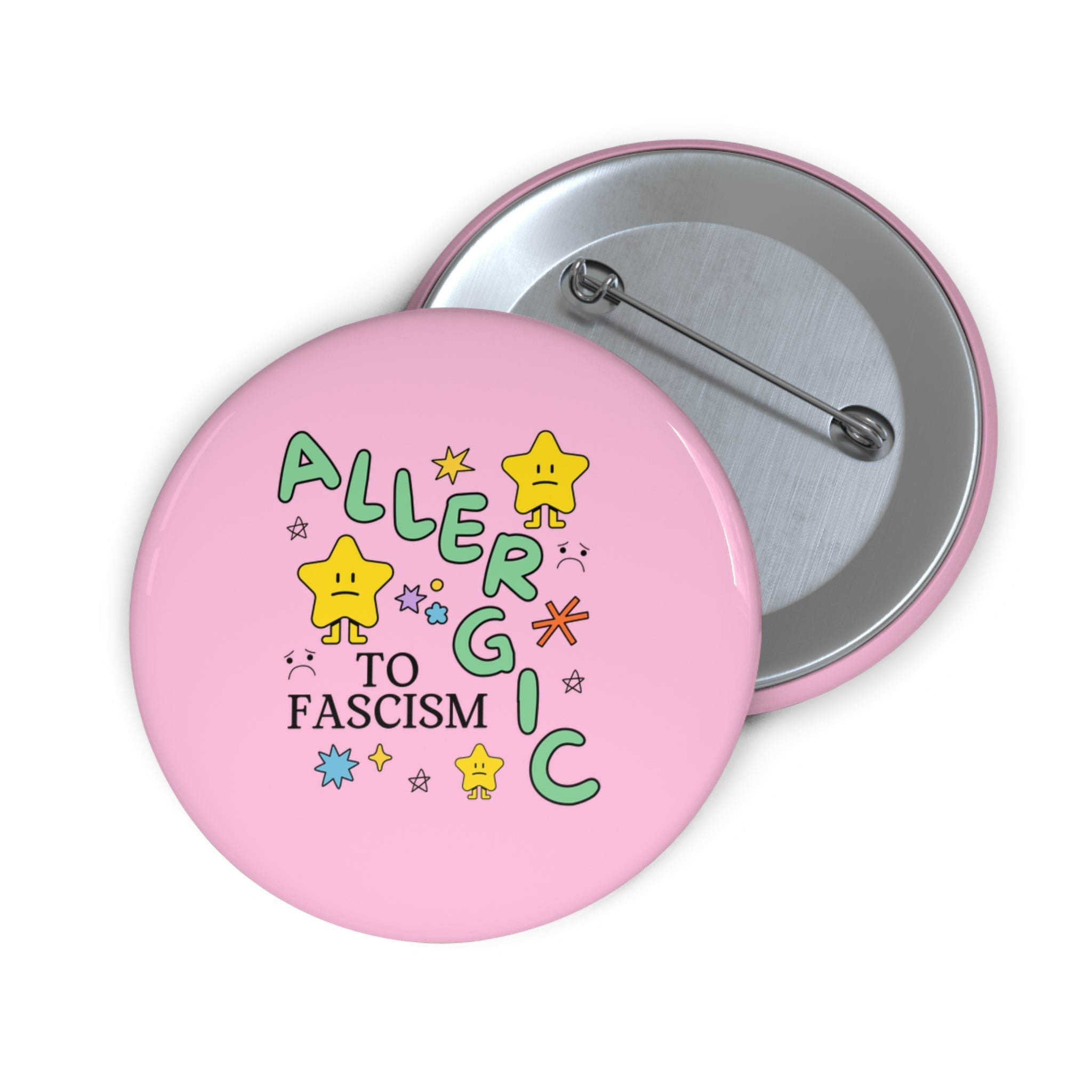 Allergic to Fascism Pinback Button, Cute Democratic Socialist or Leftist Button with Cute 90s Doodles, Funny Saying Political Left Gift with Stars - Opal and June