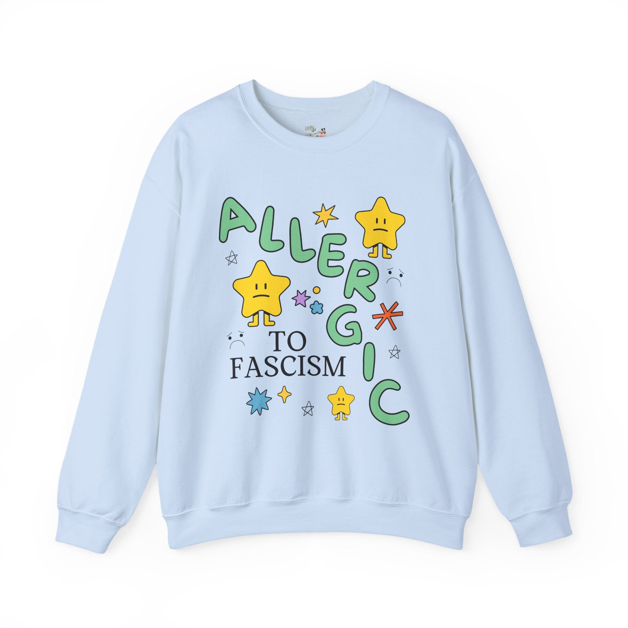 Allergic to Fascism Sweatshirt, Cute Democratic Socialist or Leftist Shirt, Cute 90s Doodles, Funny Saying Political Left Shirt with Stars - Opal and June