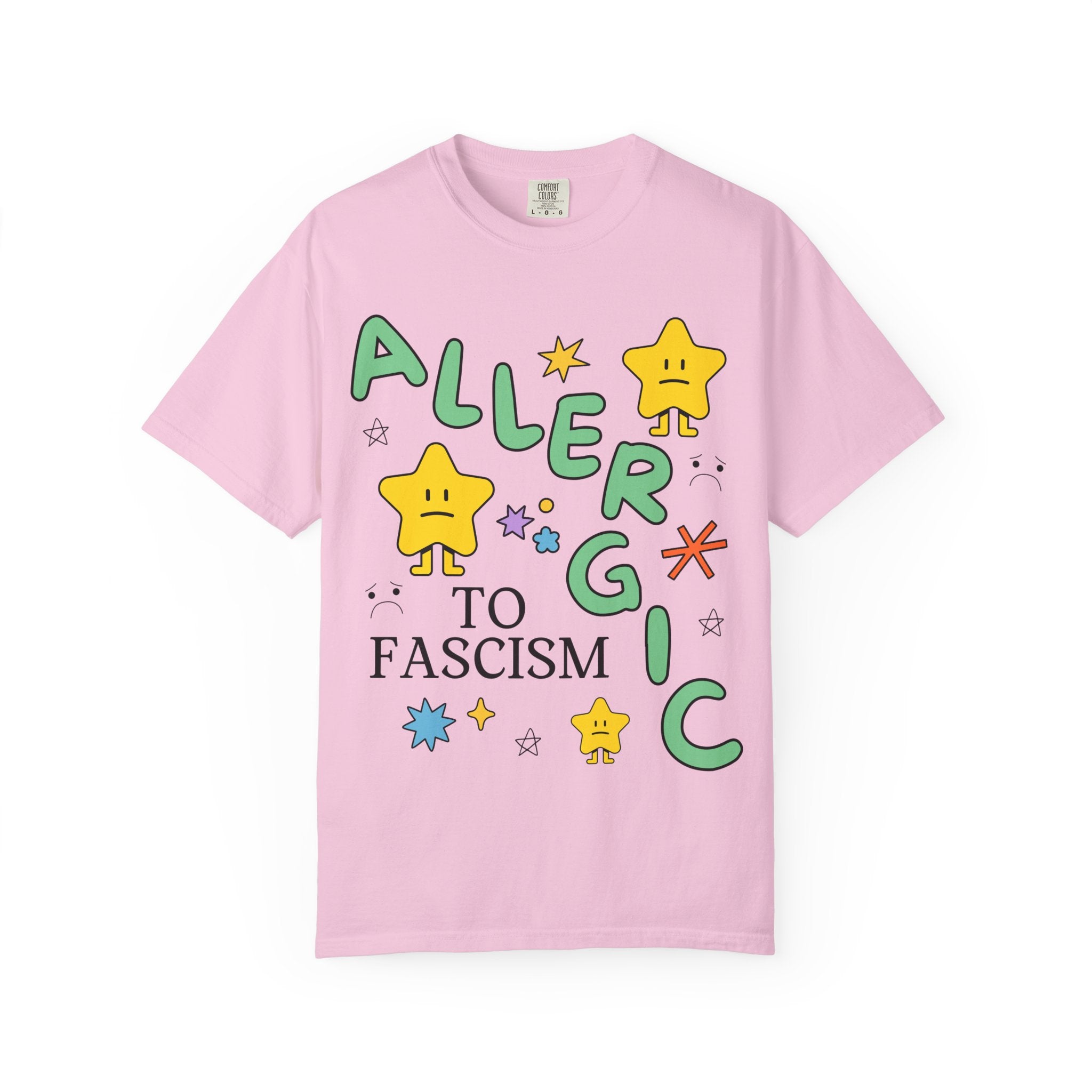 Allergic to Fascism Tee Shirt, Cute Democratic Socialist or Leftist Shirt with Cute 90s Doodles, Funny Saying Political Left Tee with Stars - Opal and June