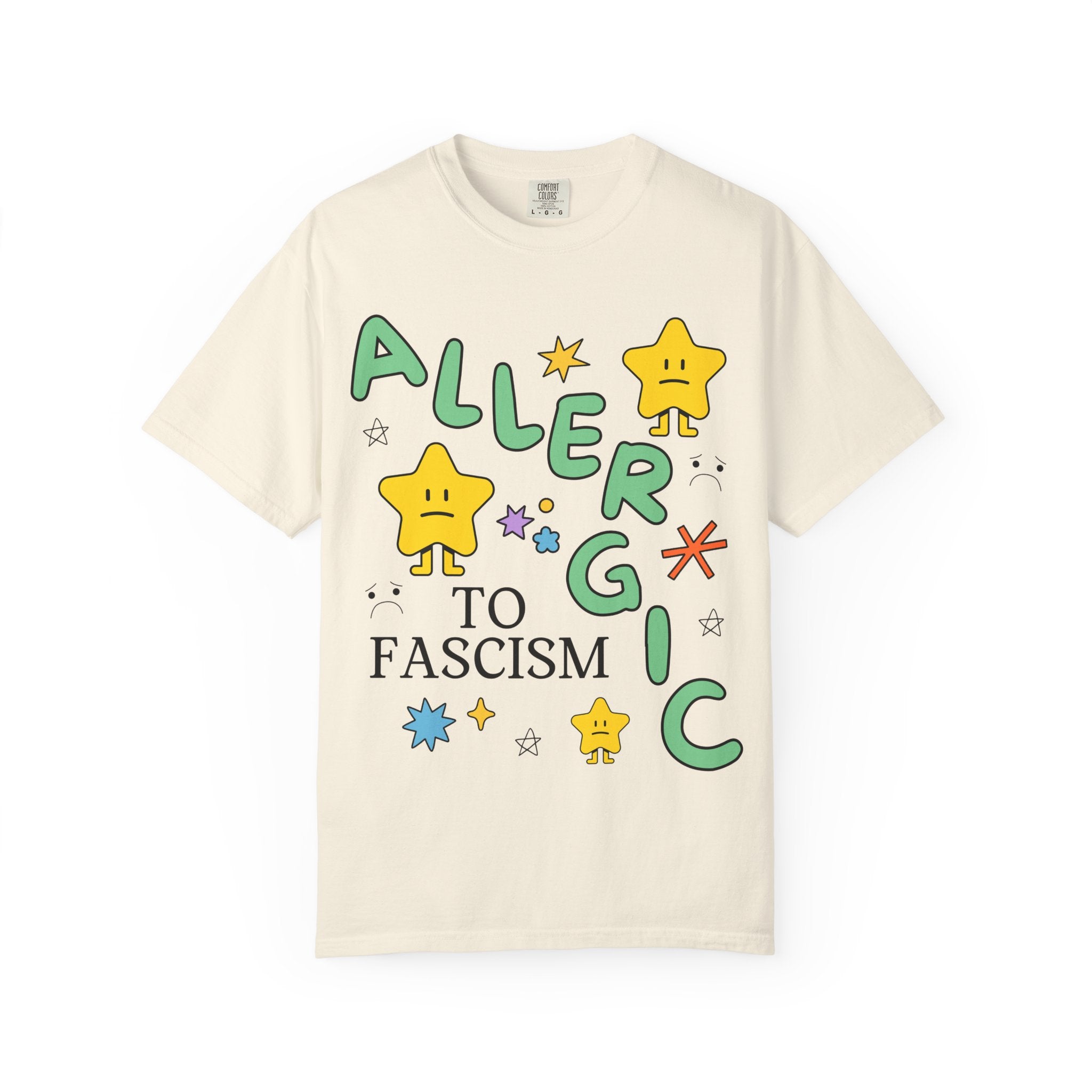 Allergic to Fascism Tee Shirt, Cute Democratic Socialist or Leftist Shirt with Cute 90s Doodles, Funny Saying Political Left Tee with Stars - Opal and June
