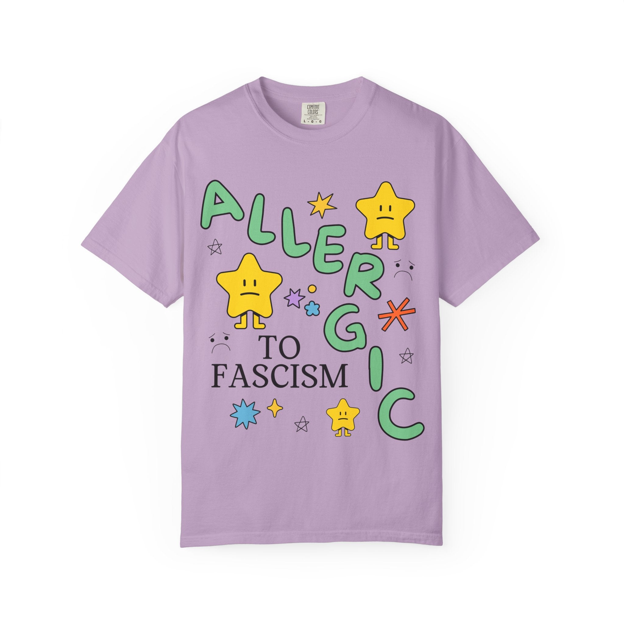 Allergic to Fascism Tee Shirt, Cute Democratic Socialist or Leftist Shirt with Cute 90s Doodles, Funny Saying Political Left Tee with Stars - Opal and June