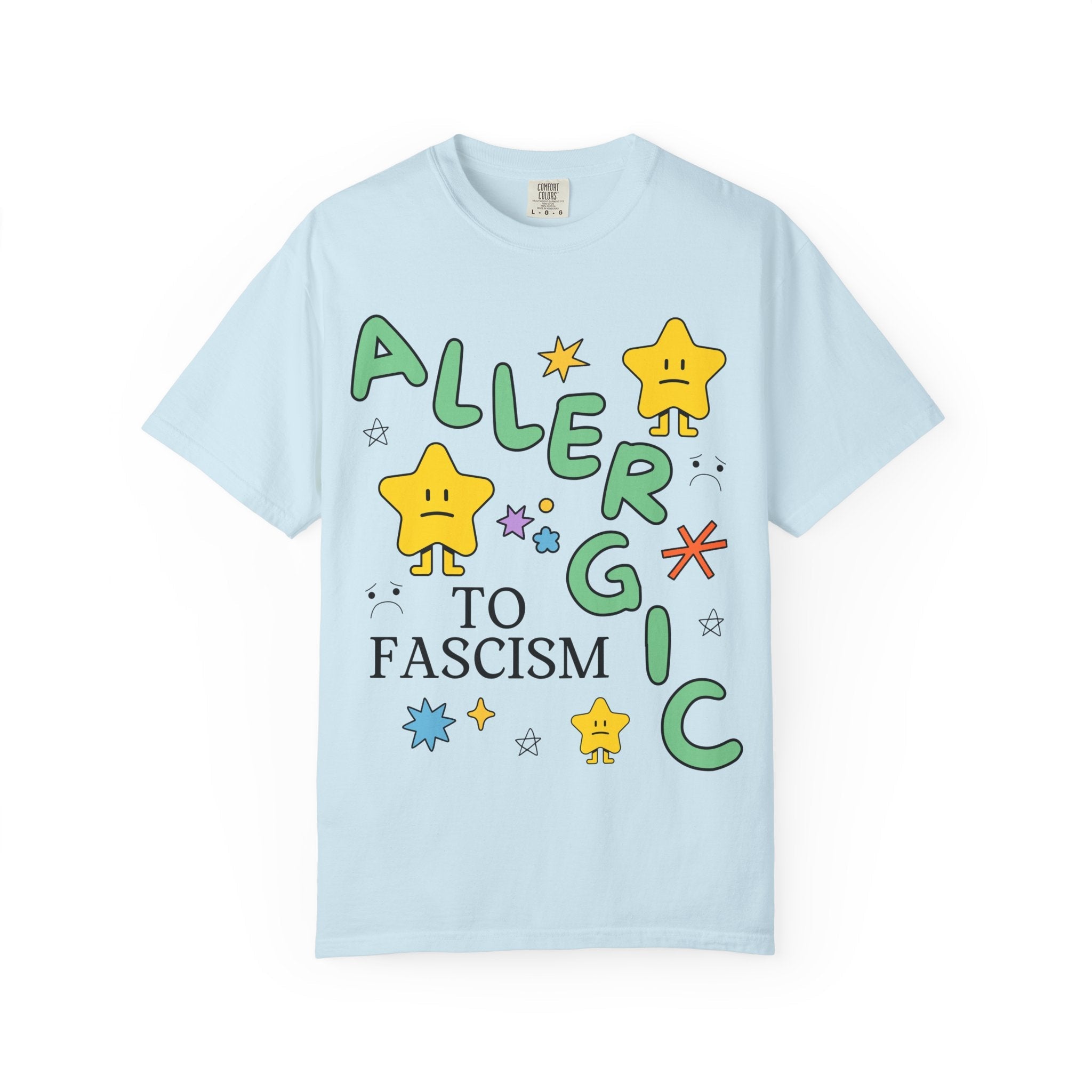 Allergic to Fascism Tee Shirt, Cute Democratic Socialist or Leftist Shirt with Cute 90s Doodles, Funny Saying Political Left Tee with Stars - Opal and June