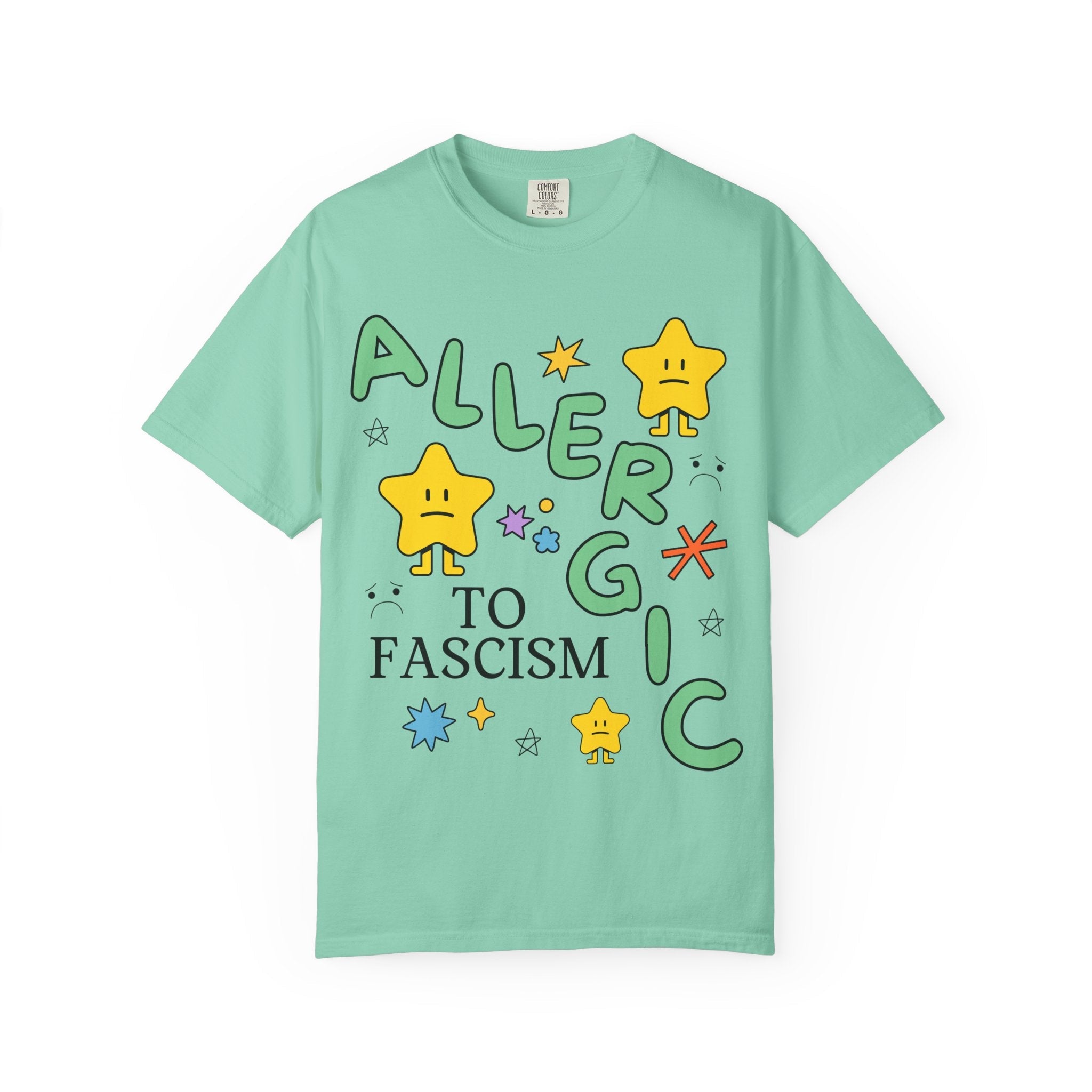 Allergic to Fascism Tee Shirt, Cute Democratic Socialist or Leftist Shirt with Cute 90s Doodles, Funny Saying Political Left Tee with Stars - Opal and June