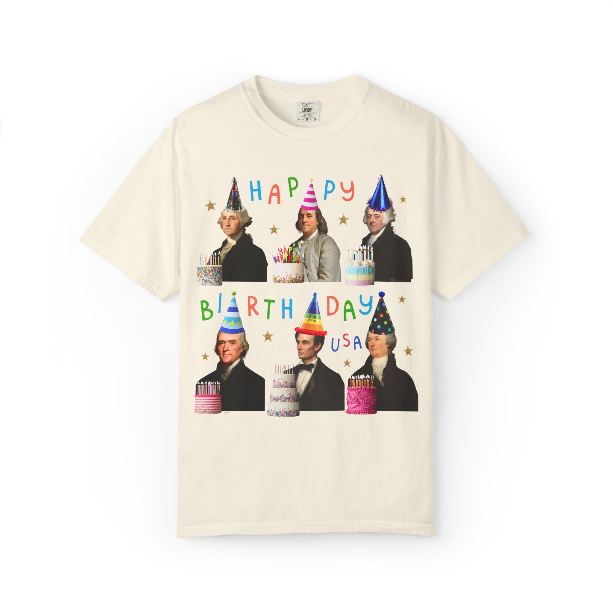 American History Fourth of July Birthday Party Tee Shirt, US Historical Figures Wearing Hats and Holding Birthday Cakes Happy Birthday USA - Opal and June