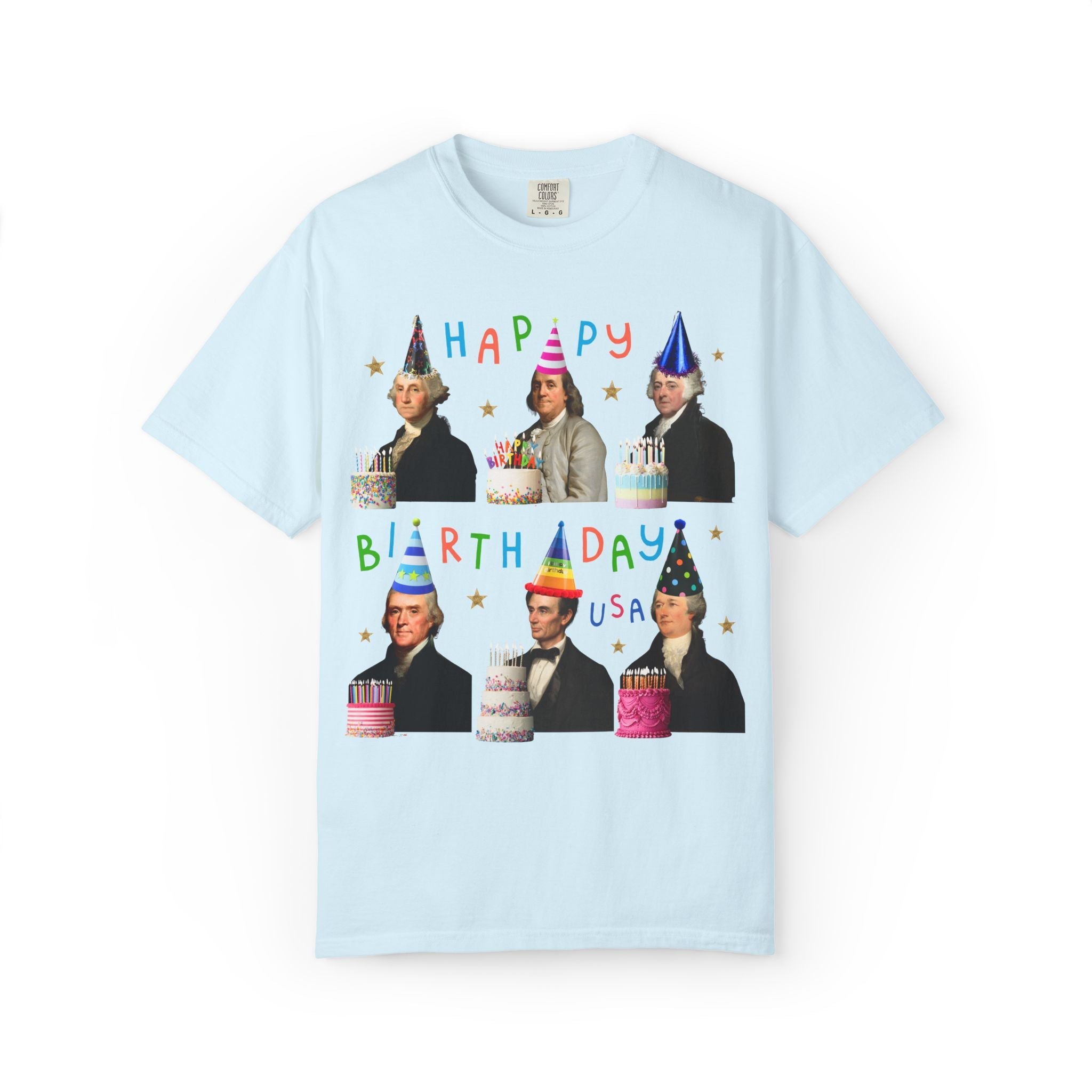 American History Fourth of July Birthday Party Tee Shirt, US Historical Figures Wearing Hats and Holding Birthday Cakes Happy Birthday USA - Opal and June