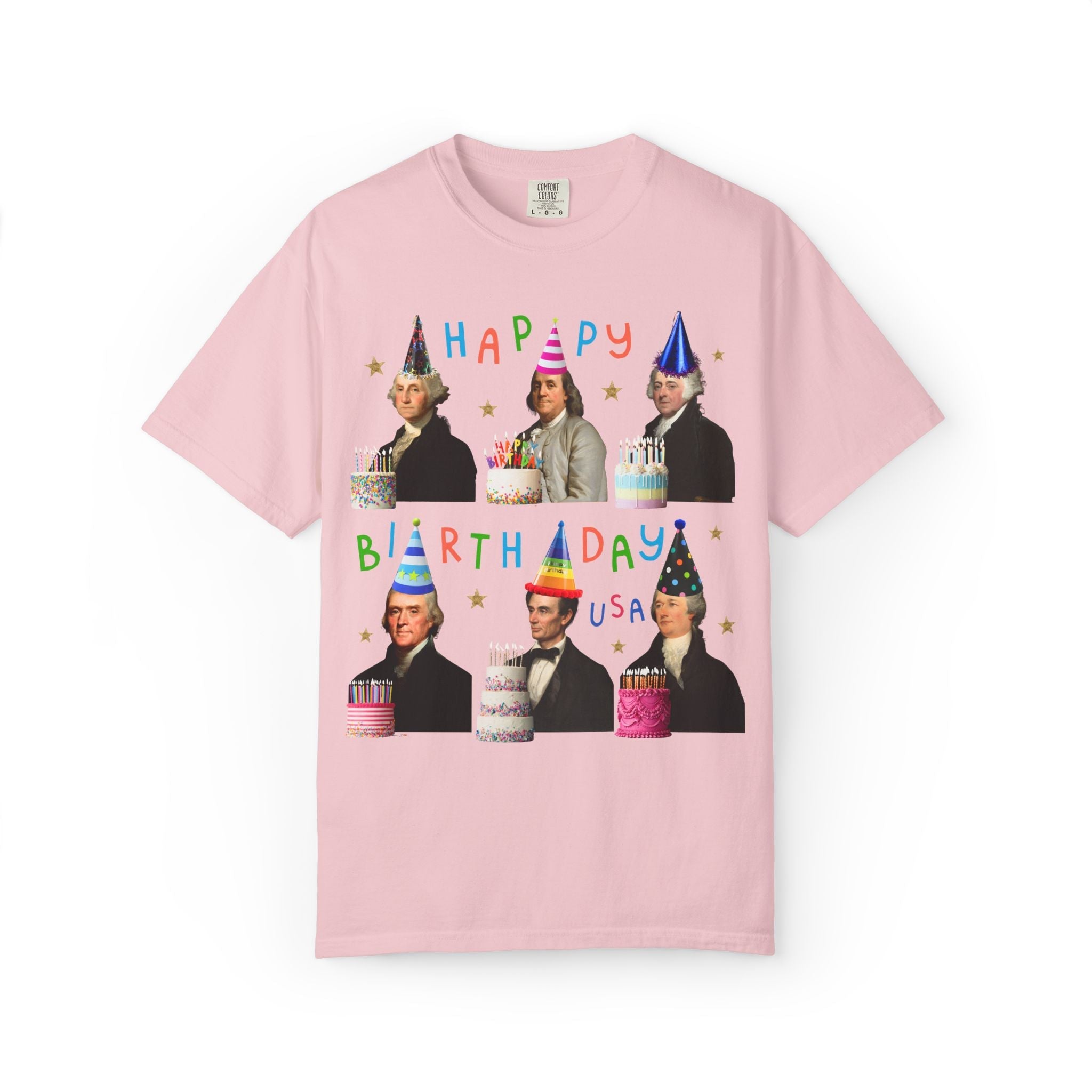 American History Fourth of July Birthday Party Tee Shirt, US Historical Figures Wearing Hats and Holding Birthday Cakes Happy Birthday USA - Opal and June