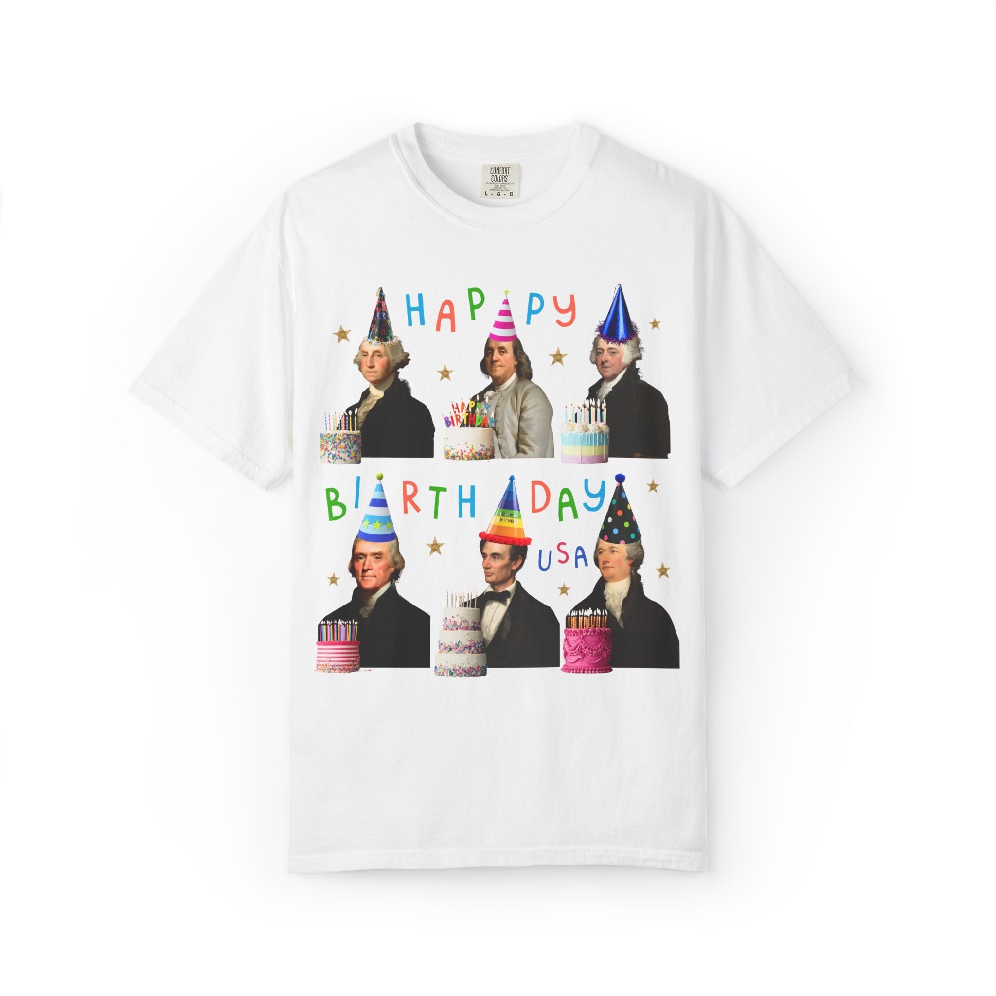 American History Fourth of July Birthday Party Tee Shirt, US Historical Figures Wearing Hats and Holding Birthday Cakes Happy Birthday USA - Opal and June