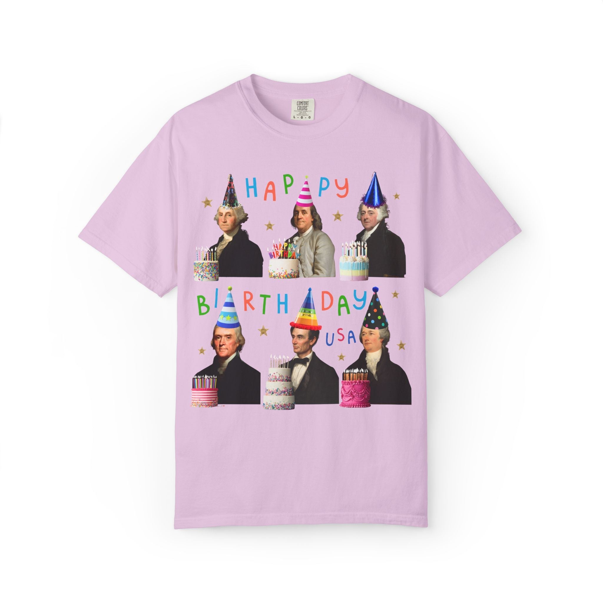 American History Fourth of July Birthday Party Tee Shirt, US Historical Figures Wearing Hats and Holding Birthday Cakes Happy Birthday USA - Opal and June