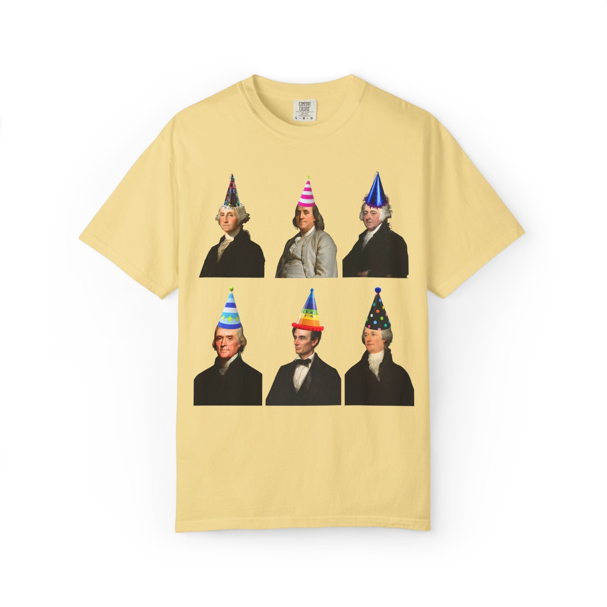 American History Fourth of July or Birthday Party Tee Shirt with Presidents and Early US Historical Figures Wearing Hats: Washington Lincoln - Opal and June