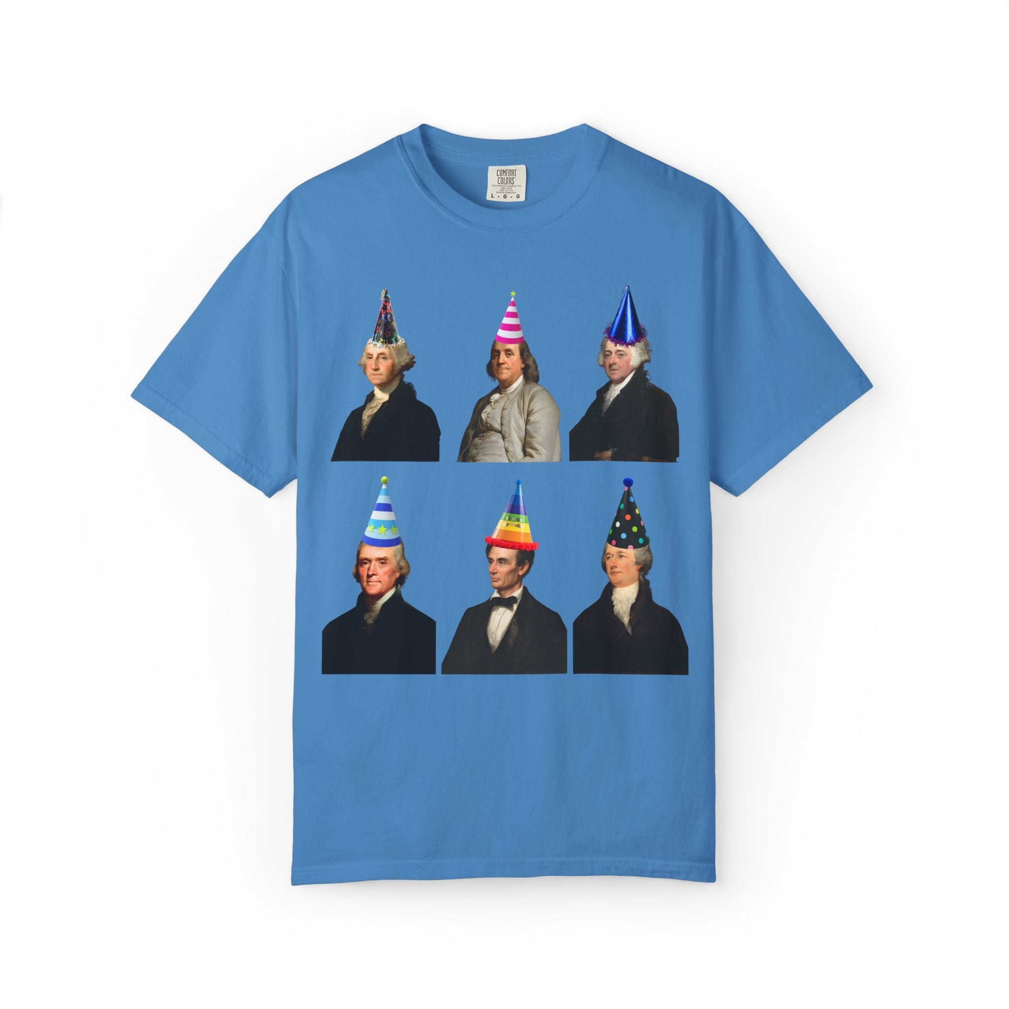 American History Fourth of July or Birthday Party Tee Shirt with Presidents and Early US Historical Figures Wearing Hats: Washington Lincoln - Opal and June