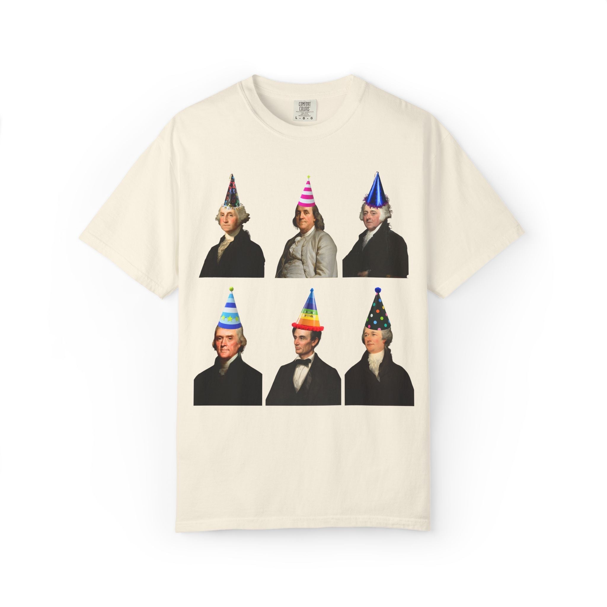 American History Fourth of July or Birthday Party Tee Shirt with Presidents and Early US Historical Figures Wearing Hats: Washington Lincoln - Opal and June