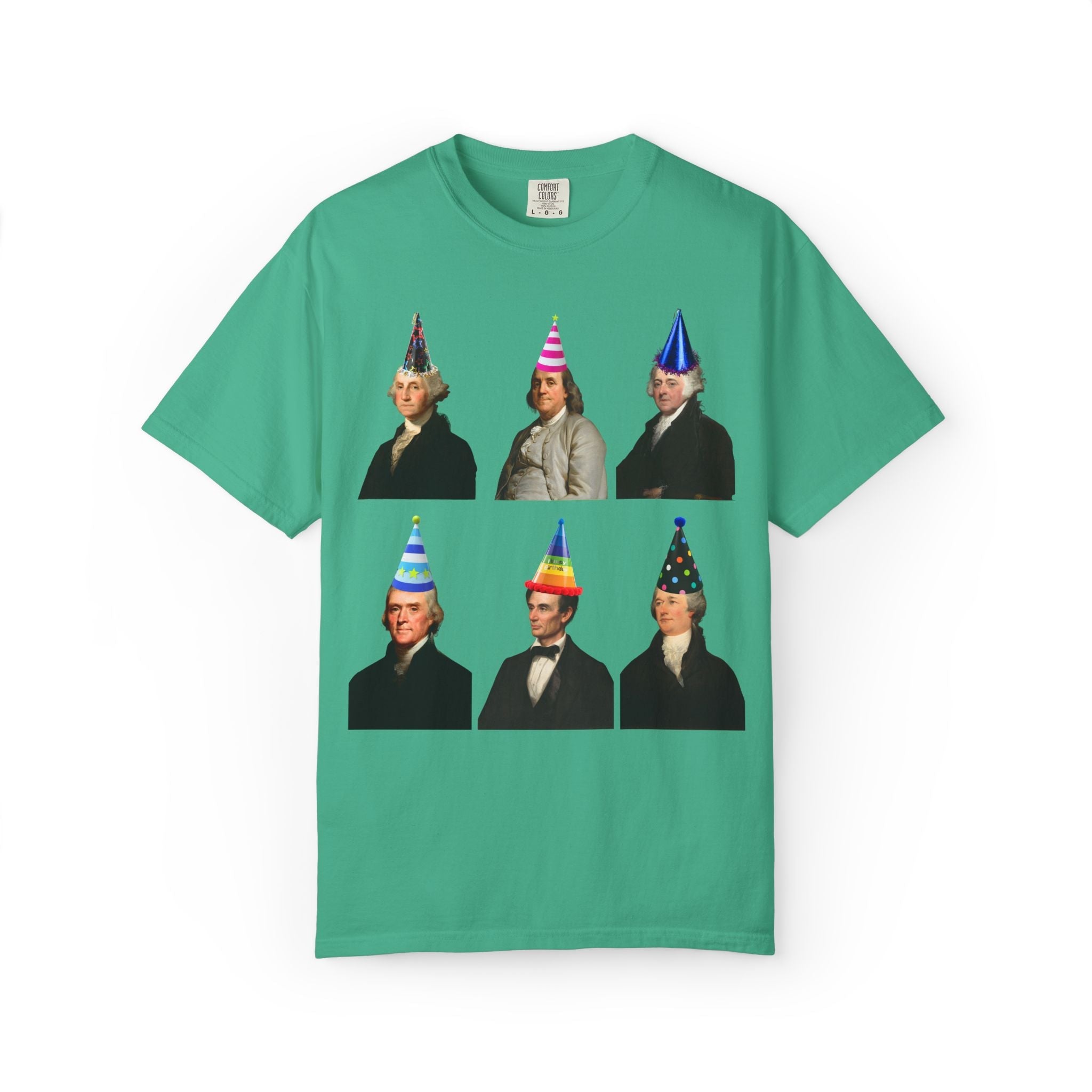 American History Fourth of July or Birthday Party Tee Shirt with Presidents and Early US Historical Figures Wearing Hats: Washington Lincoln - Opal and June