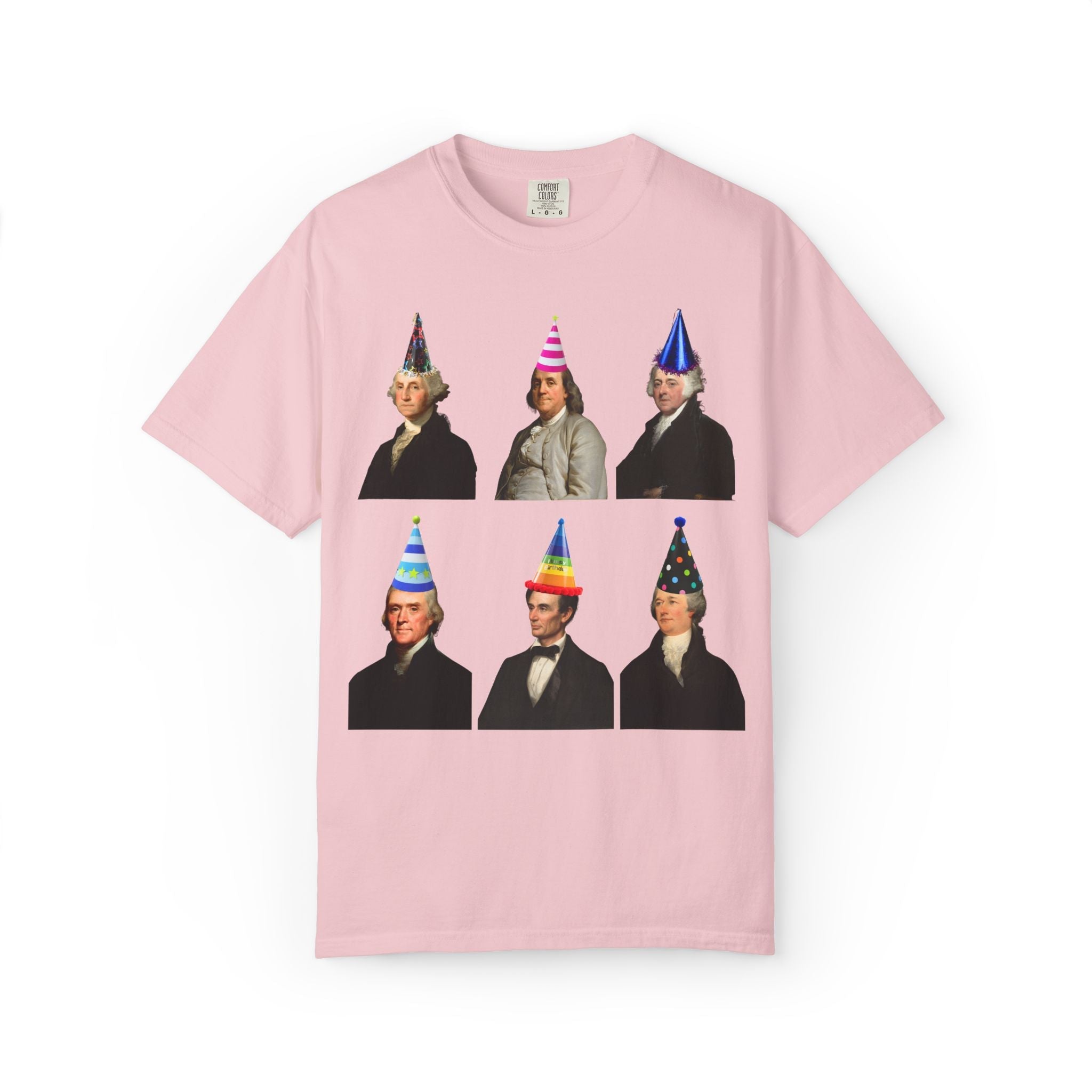 American History Fourth of July or Birthday Party Tee Shirt with Presidents and Early US Historical Figures Wearing Hats: Washington Lincoln - Opal and June