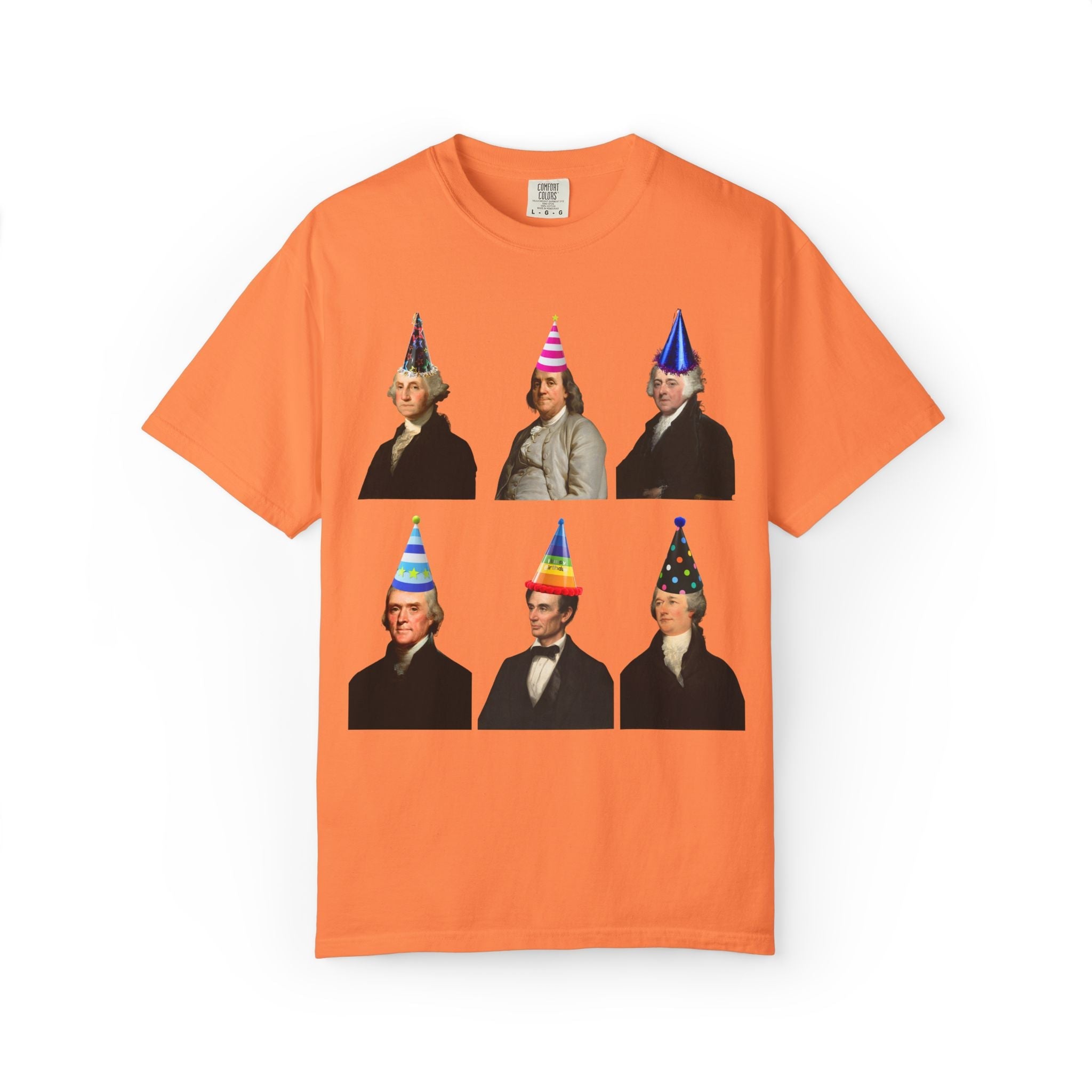 American History Fourth of July or Birthday Party Tee Shirt with Presidents and Early US Historical Figures Wearing Hats: Washington Lincoln - Opal and June