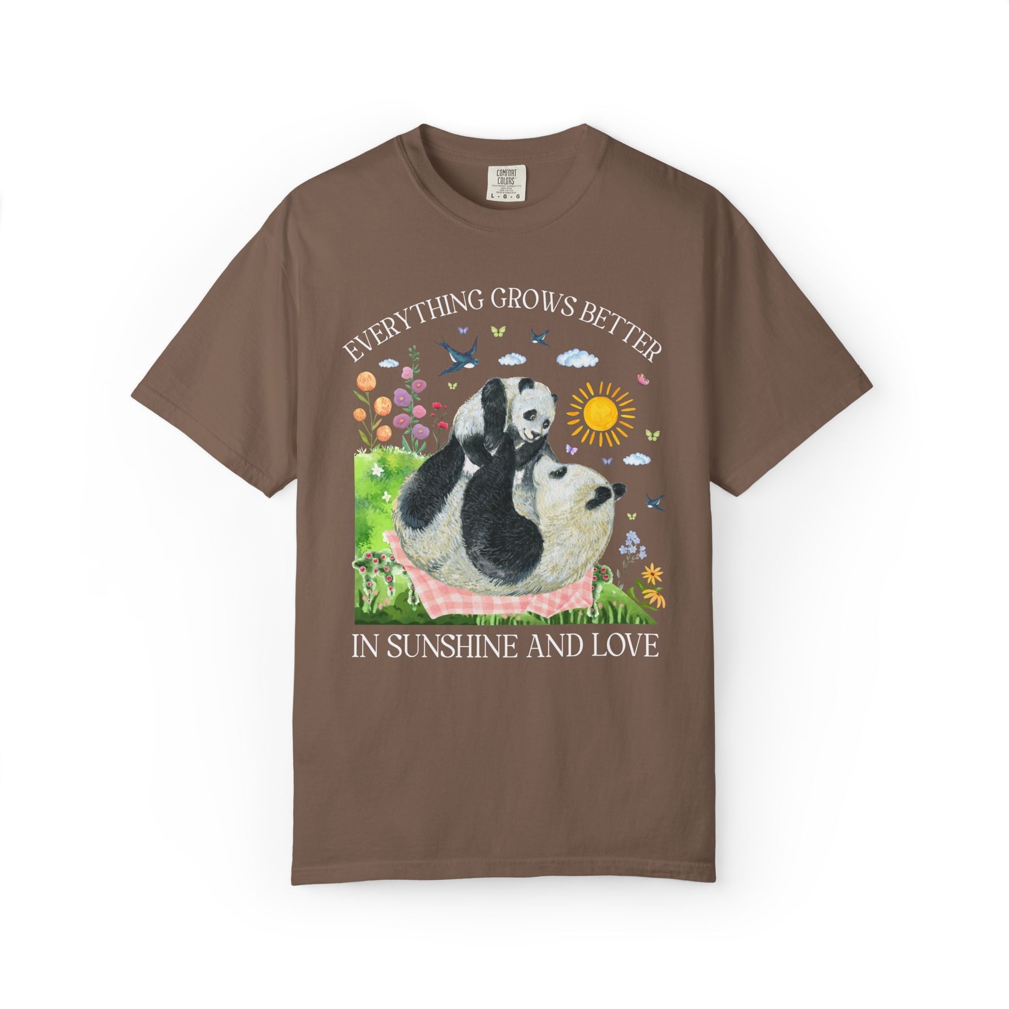 Animal Lover Panda T-Shirt with Flowers: Everything Grows Better in Sunshine and Love, Nostalgic Mother's Day Tee, New Mama, Mom of Toddlers - Opal and June