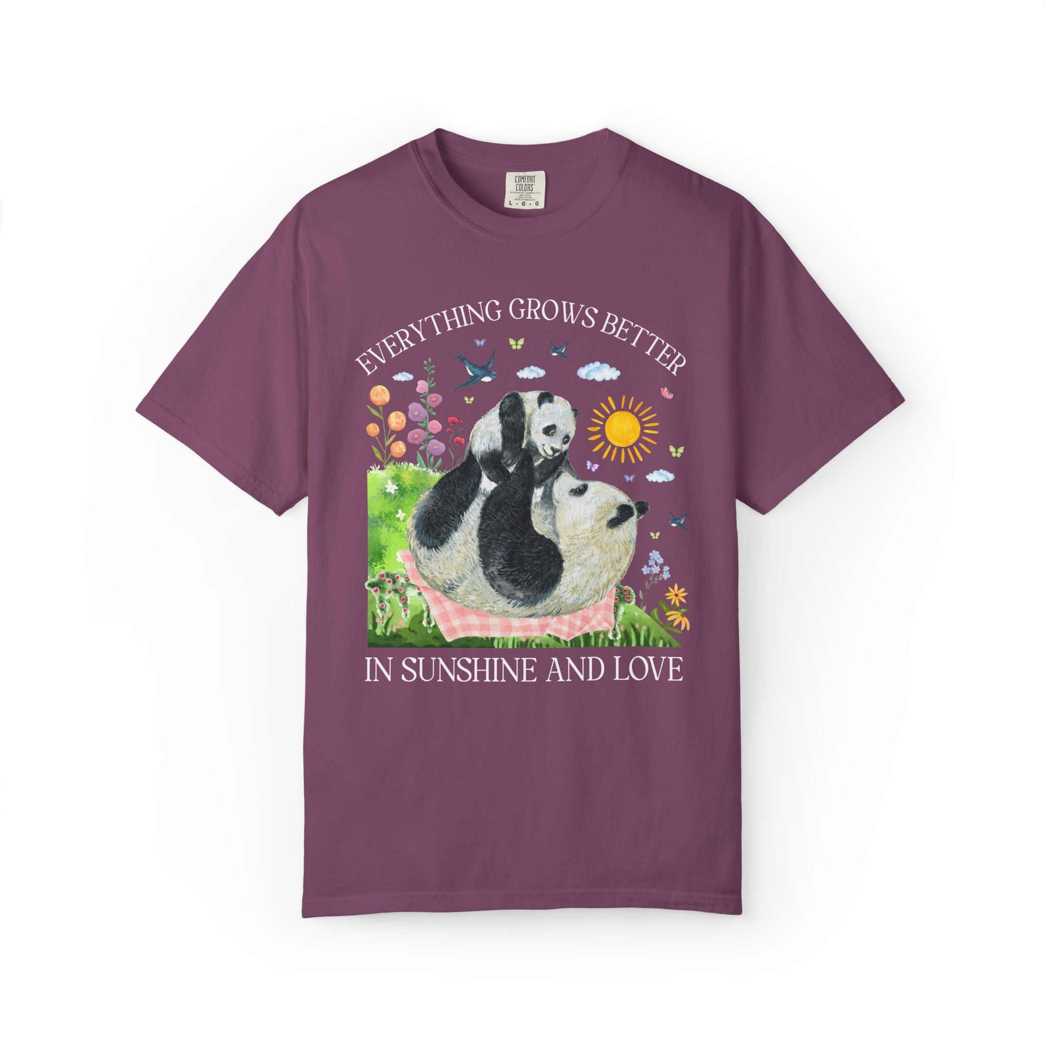 Animal Lover Panda T-Shirt with Flowers: Everything Grows Better in Sunshine and Love, Nostalgic Mother's Day Tee, New Mama, Mom of Toddlers - Opal and June
