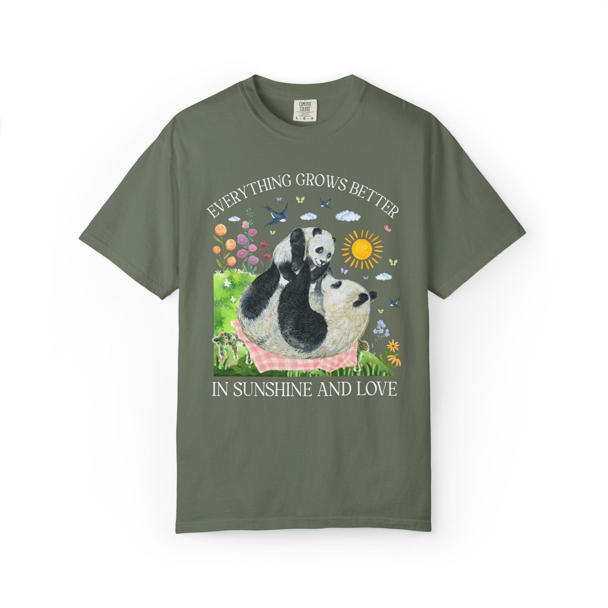 Animal Lover Panda T-Shirt with Flowers: Everything Grows Better in Sunshine and Love, Nostalgic Mother's Day Tee, New Mama, Mom of Toddlers - Opal and June