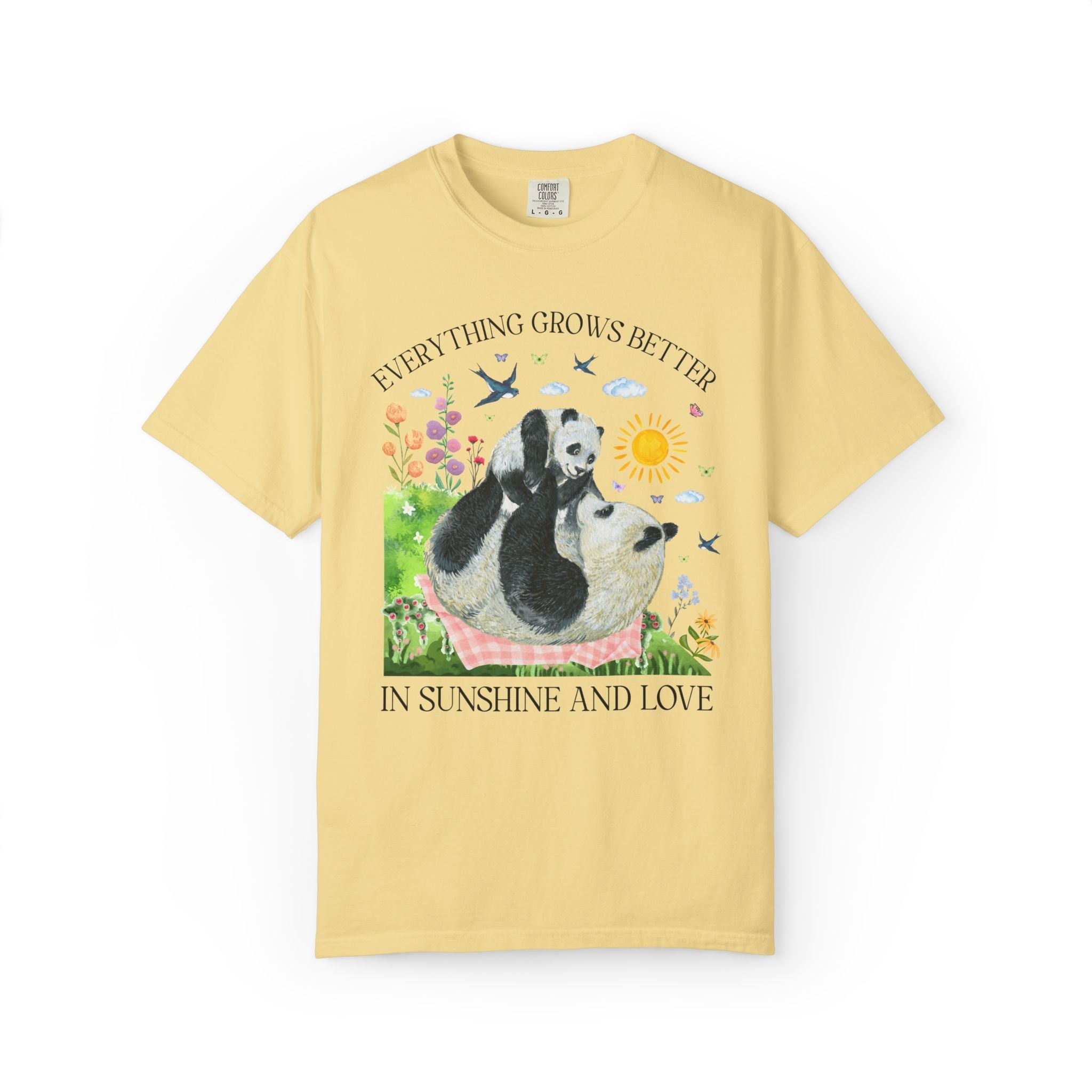 Animal Lover Panda T-Shirt with Flowers: Everything Grows Better in Sunshine and Love, Nostalgic Mother's Day Tee, New Mama, Mom of Toddlers - Opal and June