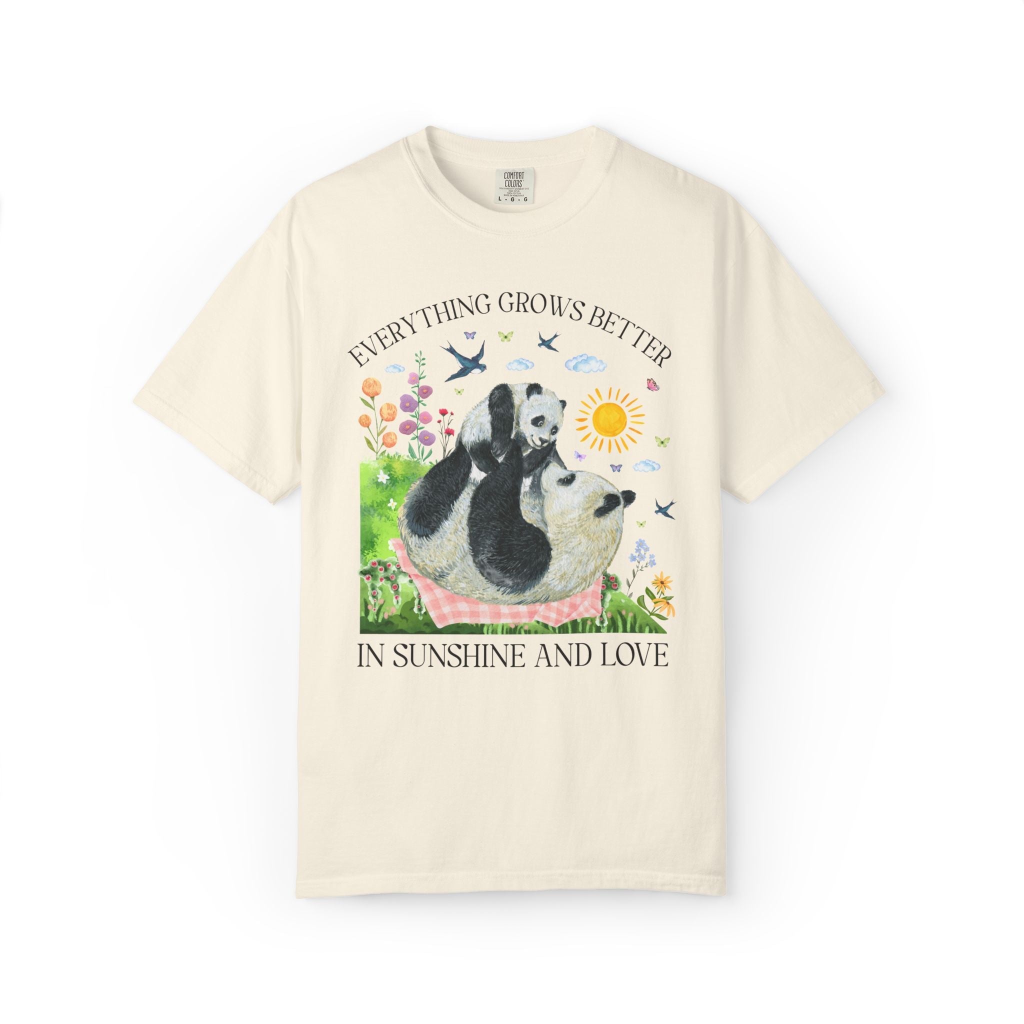 Animal Lover Panda T-Shirt with Flowers: Everything Grows Better in Sunshine and Love, Nostalgic Mother's Day Tee, New Mama, Mom of Toddlers - Opal and June