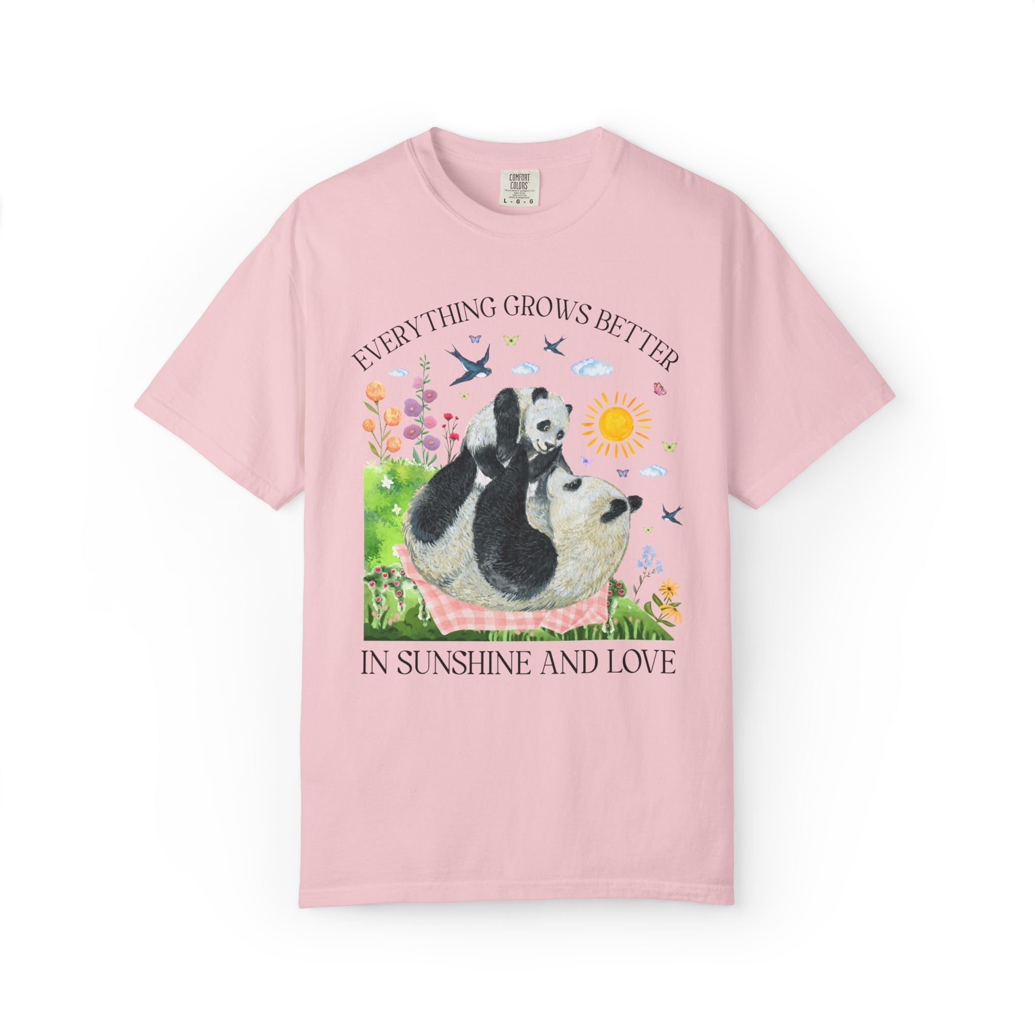 Animal Lover Panda T-Shirt with Flowers: Everything Grows Better in Sunshine and Love, Nostalgic Mother's Day Tee, New Mama, Mom of Toddlers - Opal and June