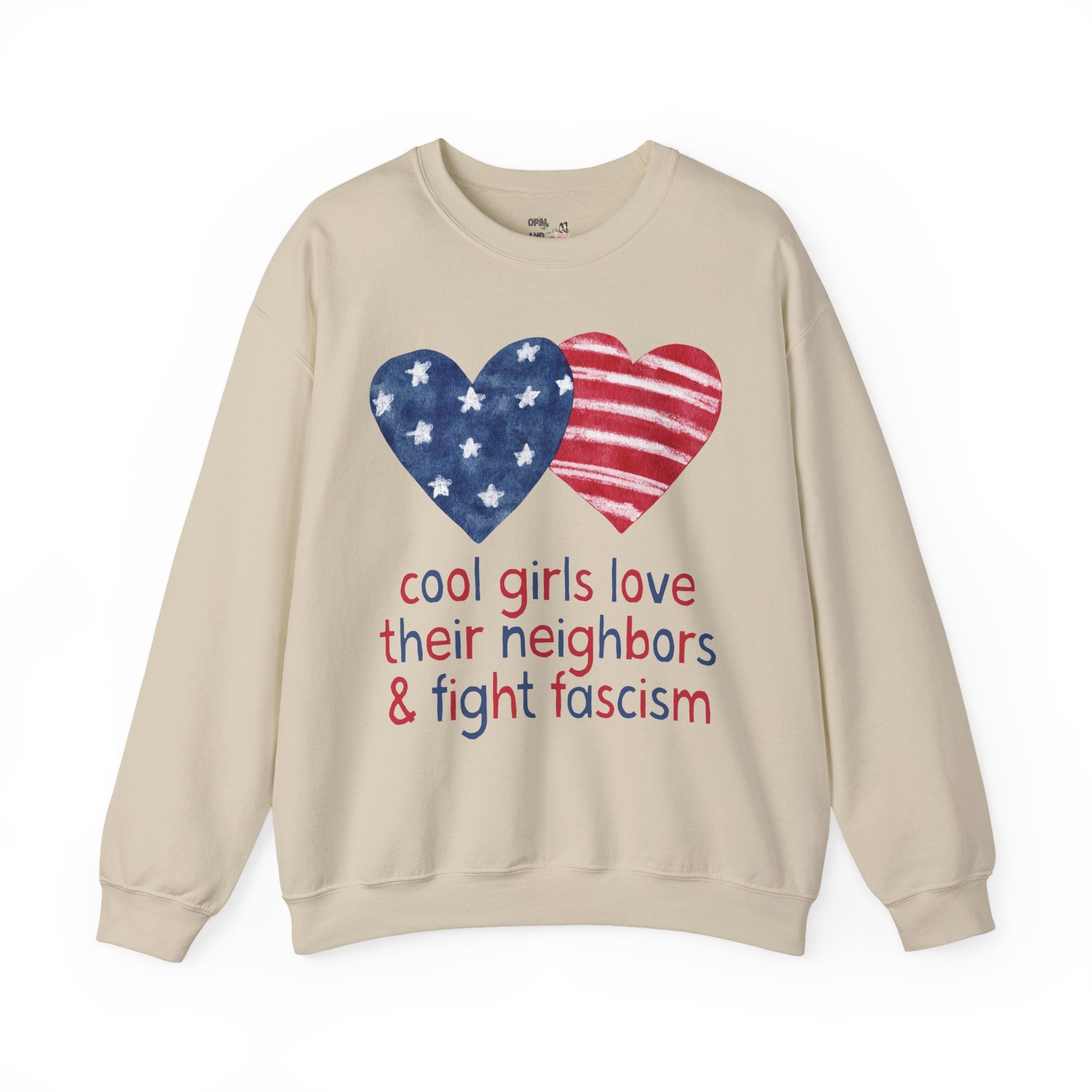 Anti Fascist Fourth of July Sweatshirt, Women's Equal Rights Tee: Cool Girls Love Their Neighbors and Fight Fascism, Democratic Leftist Crewneck - Opal and June