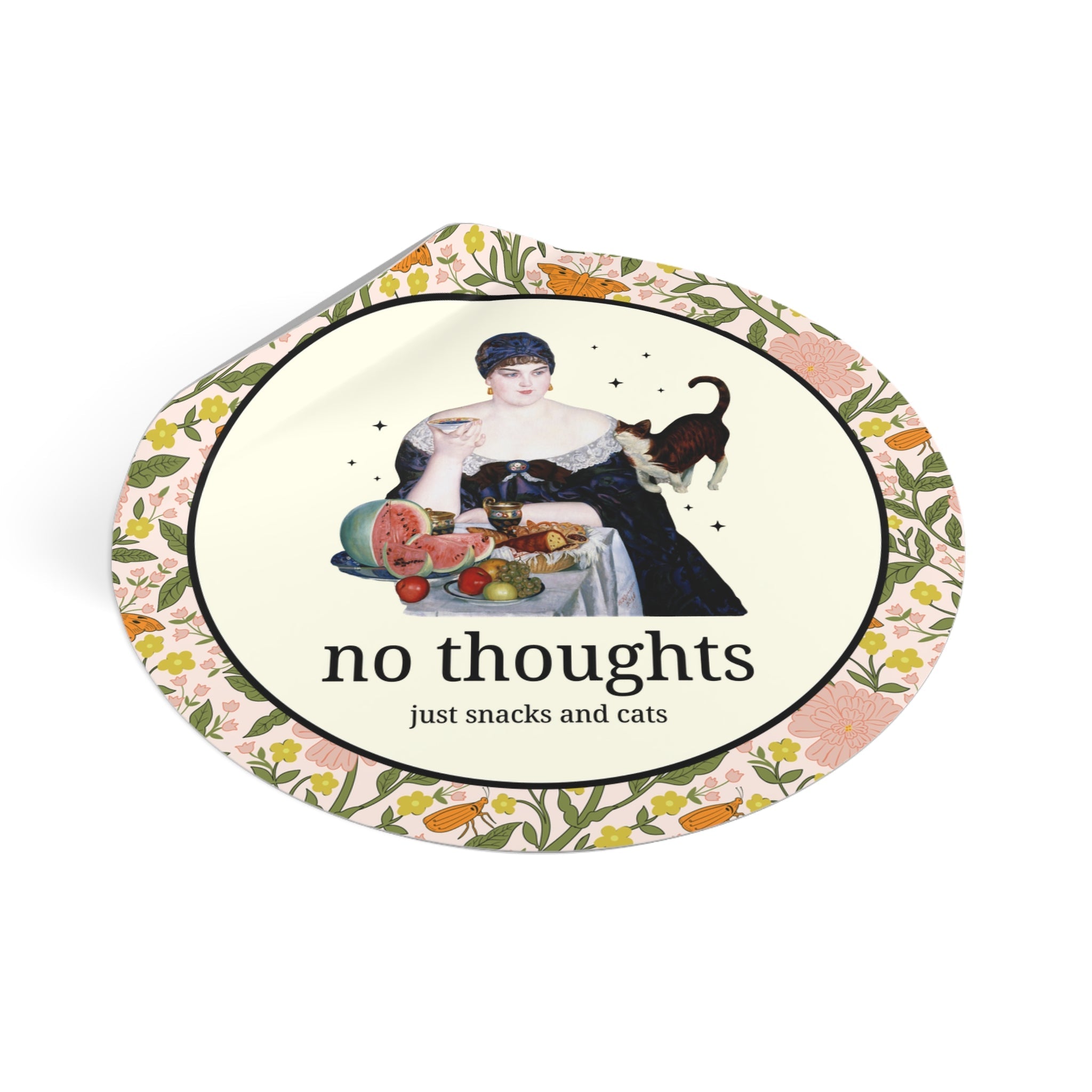 Art History Lover Sticker for Cat Mom or Cat Dad: No Thoughts, Just Snacks and Cats, Silly 19th Century Art Lover Round Sticker with Stars - Opal and June