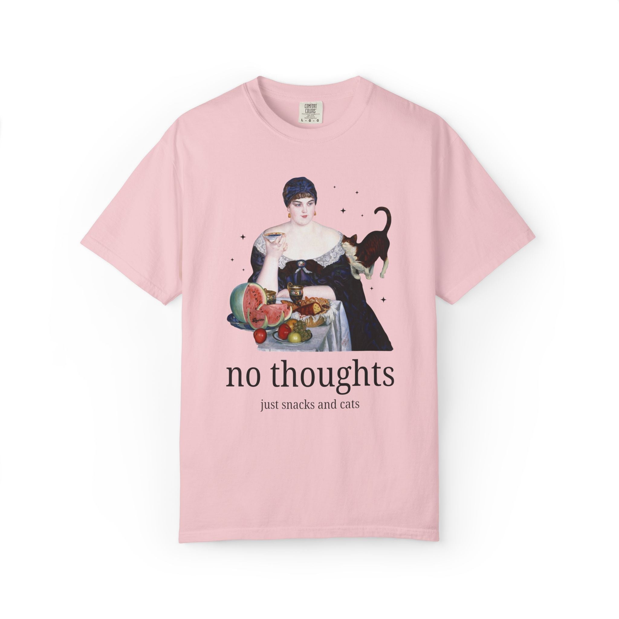 Art History Lover Tee Shirt for Cat Mom or Cat Dad: No Thoughts, Just Snacks and Cats, Silly 19th Century Art Lover T-Shirt with Stars - Opal and June