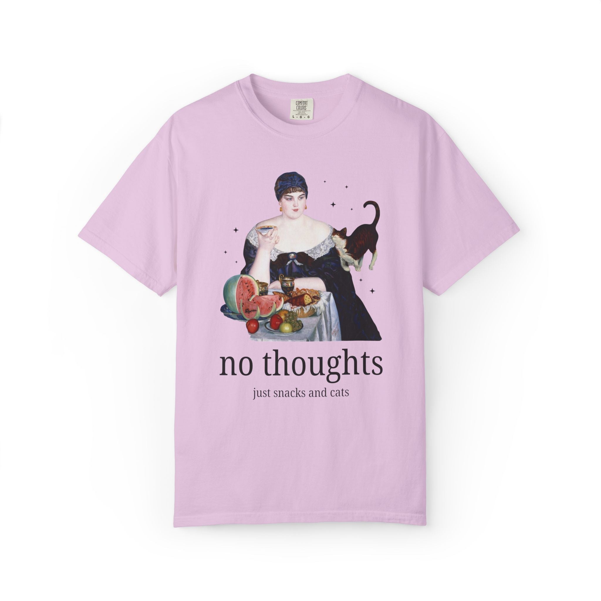 Art History Lover Tee Shirt for Cat Mom or Cat Dad: No Thoughts, Just Snacks and Cats, Silly 19th Century Art Lover T-Shirt with Stars - Opal and June