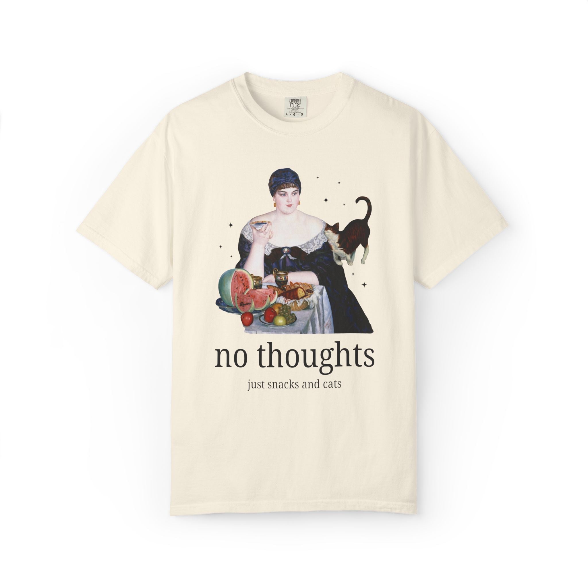 Art History Lover Tee Shirt for Cat Mom or Cat Dad: No Thoughts, Just Snacks and Cats, Silly 19th Century Art Lover T-Shirt with Stars - Opal and June