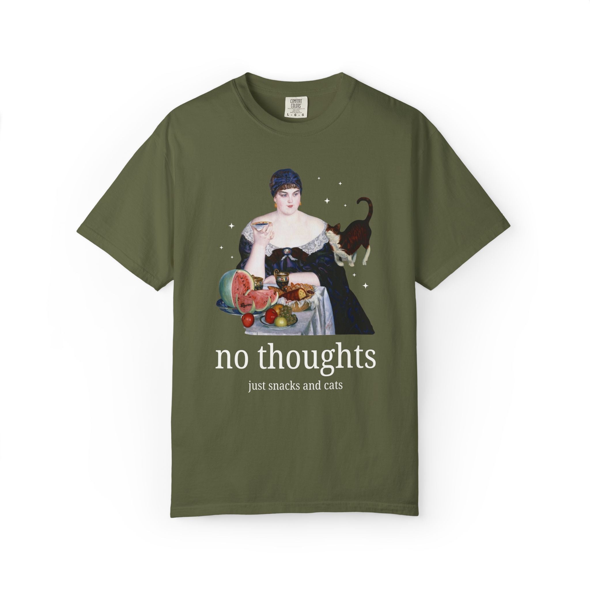 Art History Lover Tee Shirt for Cat Mom or Cat Dad: No Thoughts, Just Snacks and Cats, Silly 19th Century Art Lover T-Shirt with Stars - Opal and June