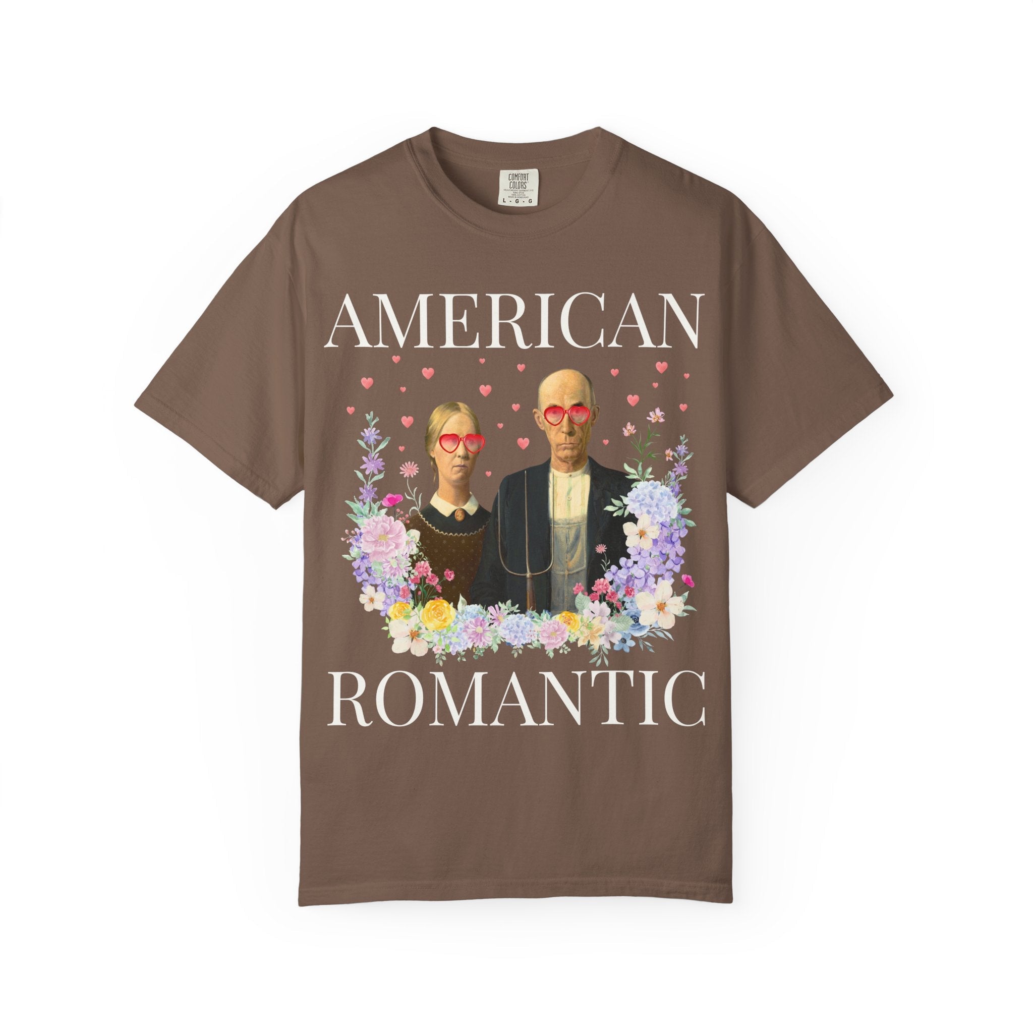 Art History Valentine's Day Tee Shirt with Funny Saying, American Gothic Painting by Grant Wood, Silly Academic Floral T-Shirt with Hearts - Opal and June