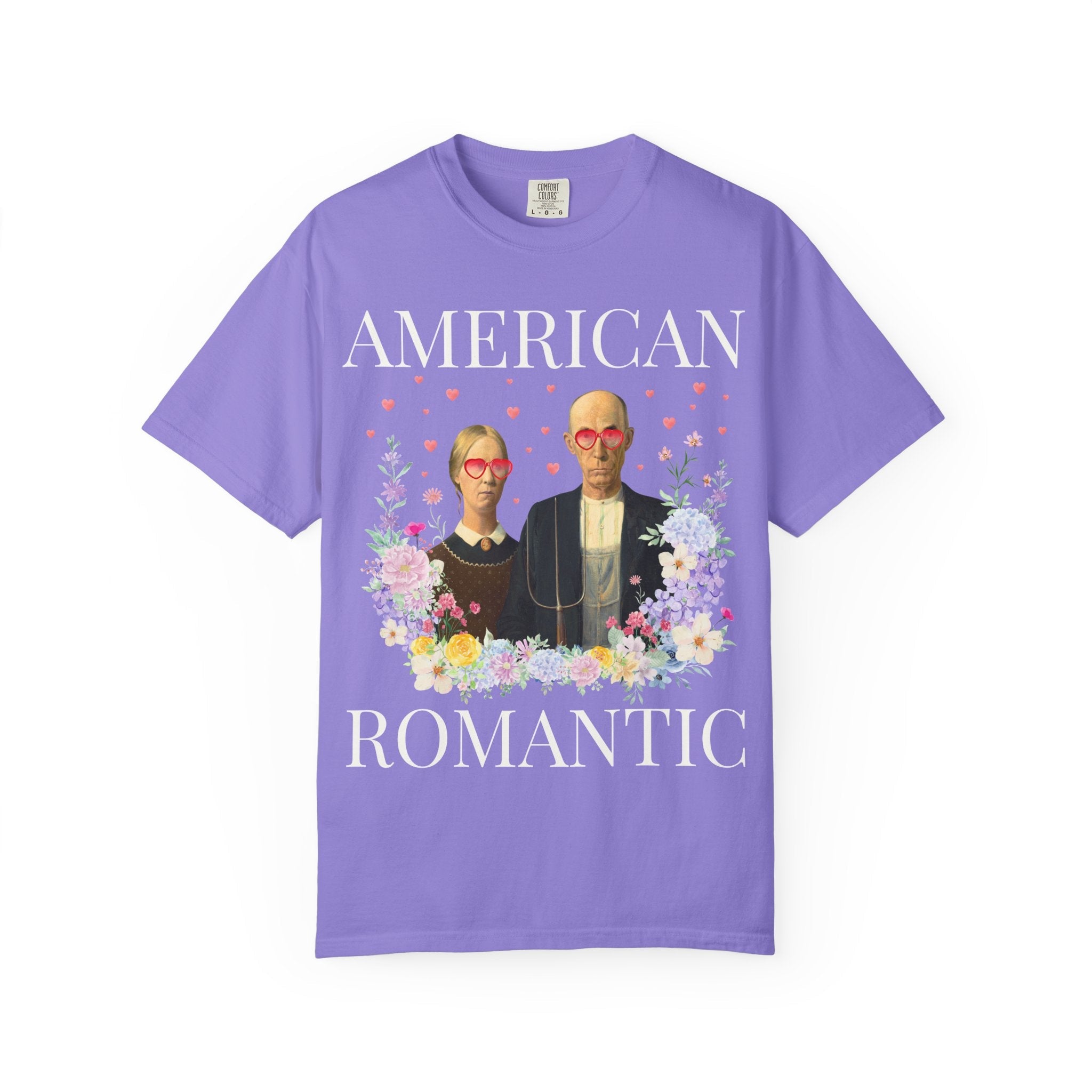 Art History Valentine's Day Tee Shirt with Funny Saying, American Gothic Painting by Grant Wood, Silly Academic Floral T-Shirt with Hearts - Opal and June
