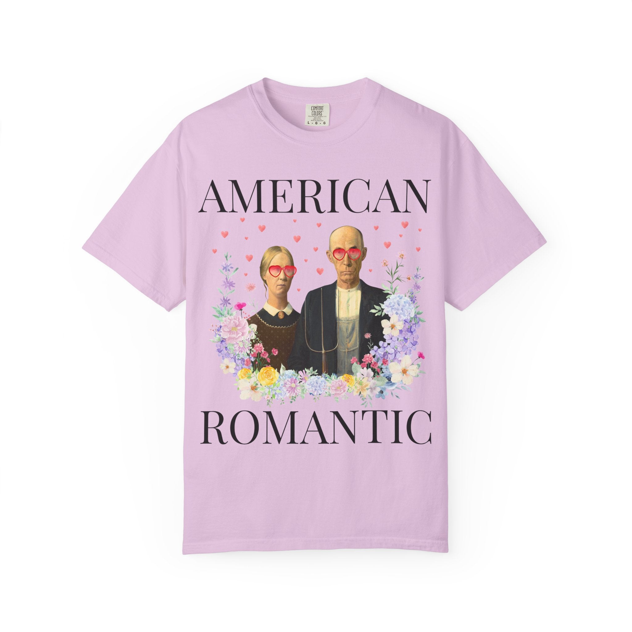 Art History Valentine's Day Tee Shirt with Funny Saying, American Gothic Painting by Grant Wood, Silly Academic Floral T-Shirt with Hearts - Opal and June