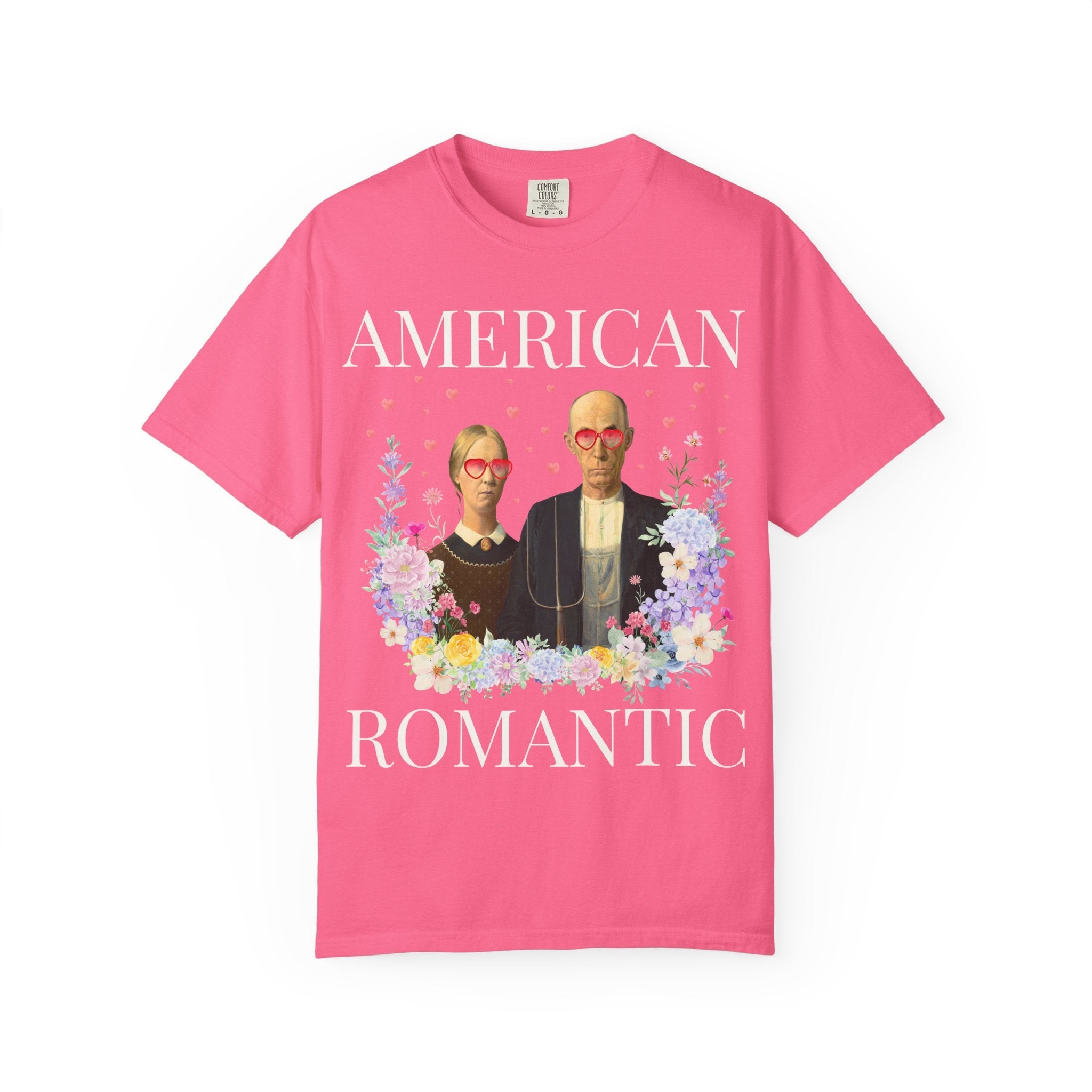 Art History Valentine's Day Tee Shirt with Funny Saying, American Gothic Painting by Grant Wood, Silly Academic Floral T-Shirt with Hearts - Opal and June
