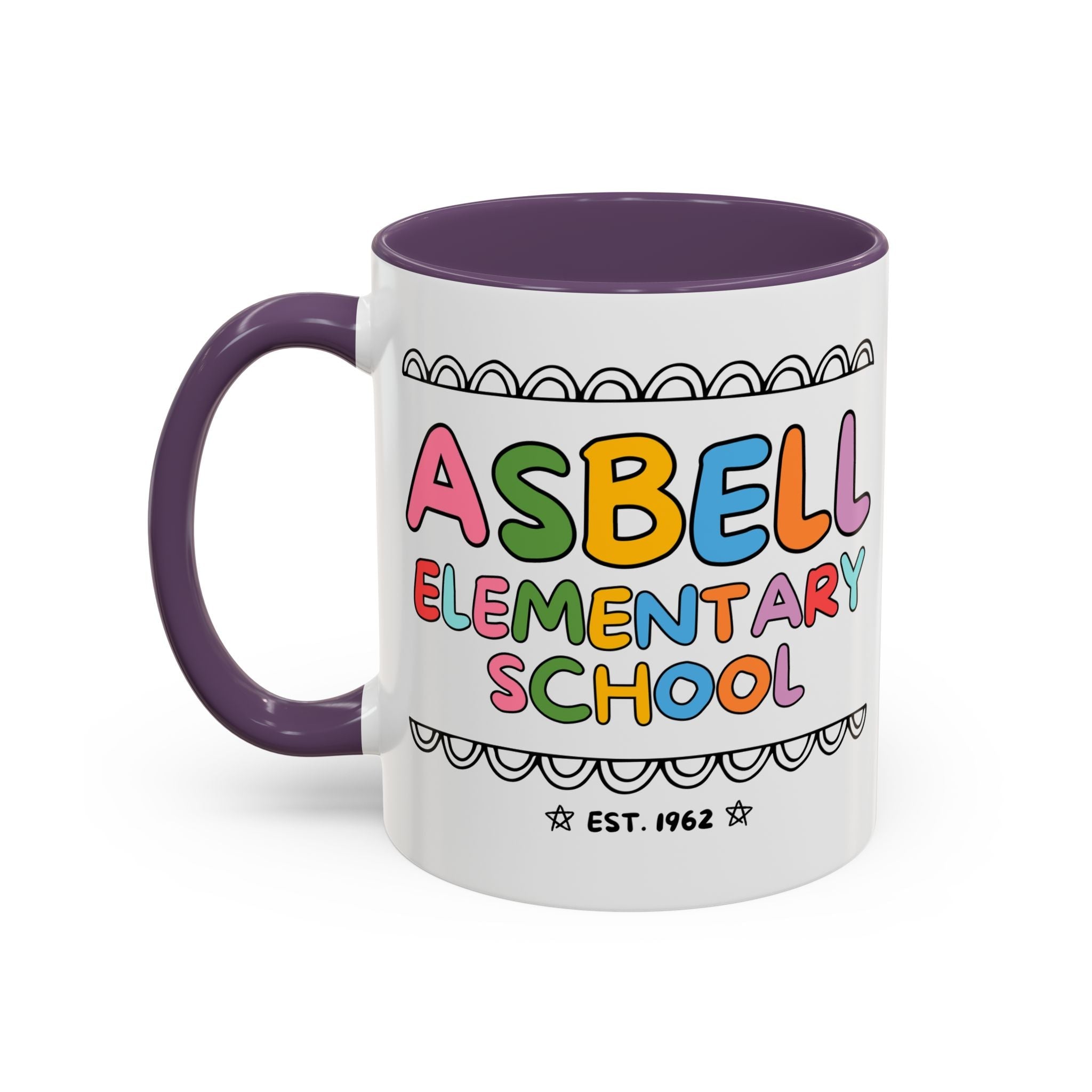 Asbell Elementary School 11 Oz Coffee Mug: Rainbow Letters - Opal and June