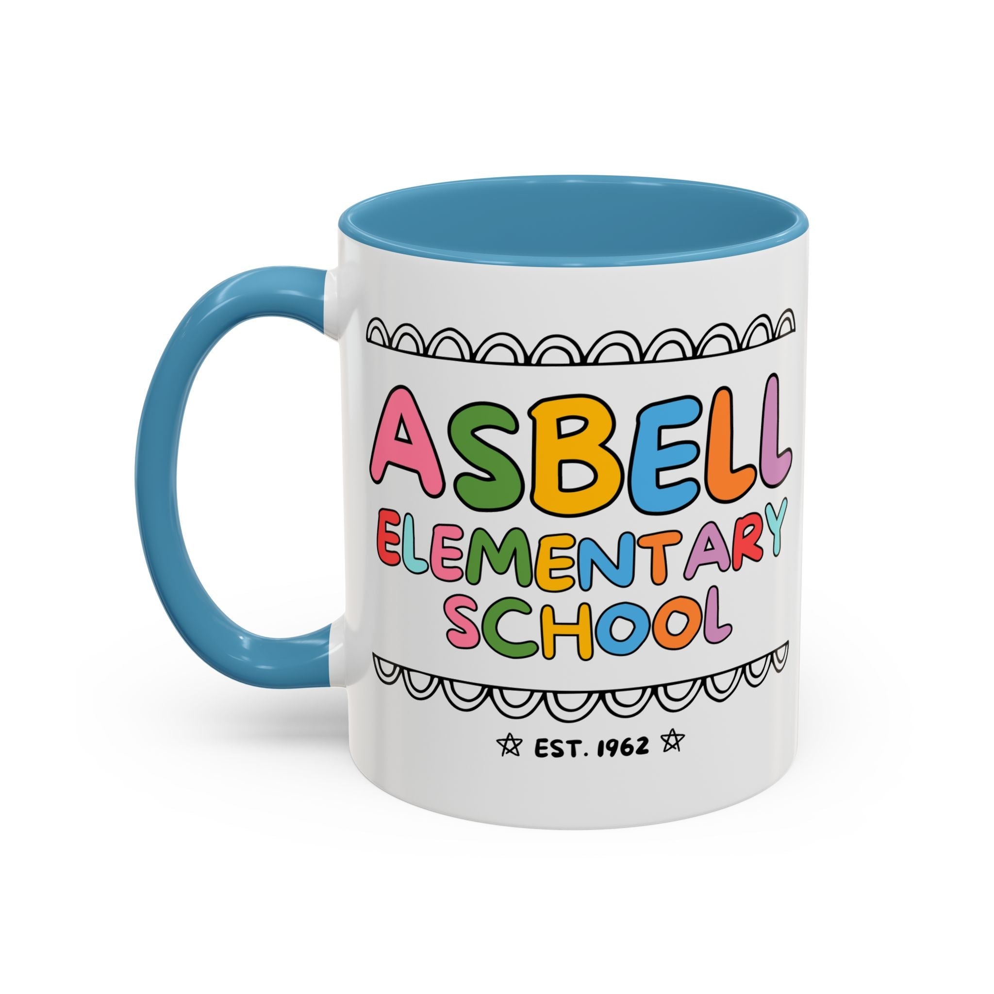 Asbell Elementary School 11 Oz Coffee Mug: Rainbow Letters - Opal and June